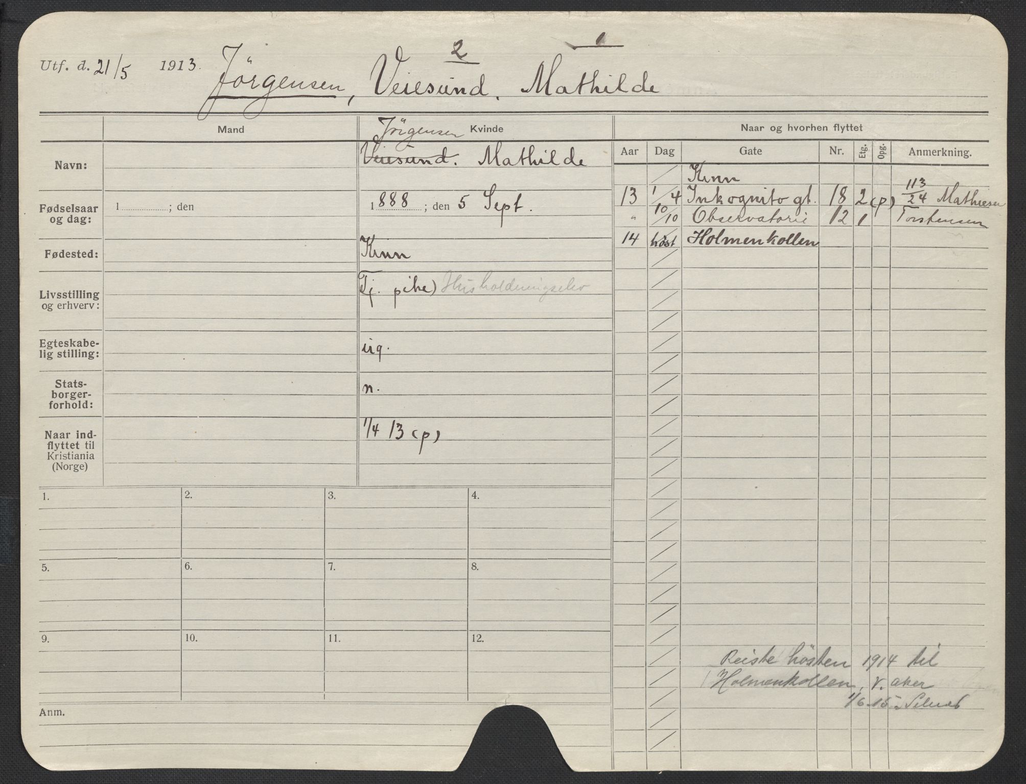 Oslo folkeregister, Registerkort, AV/SAO-A-11715/F/Fa/Fac/L0018: Kvinner, 1906-1914, p. 724a