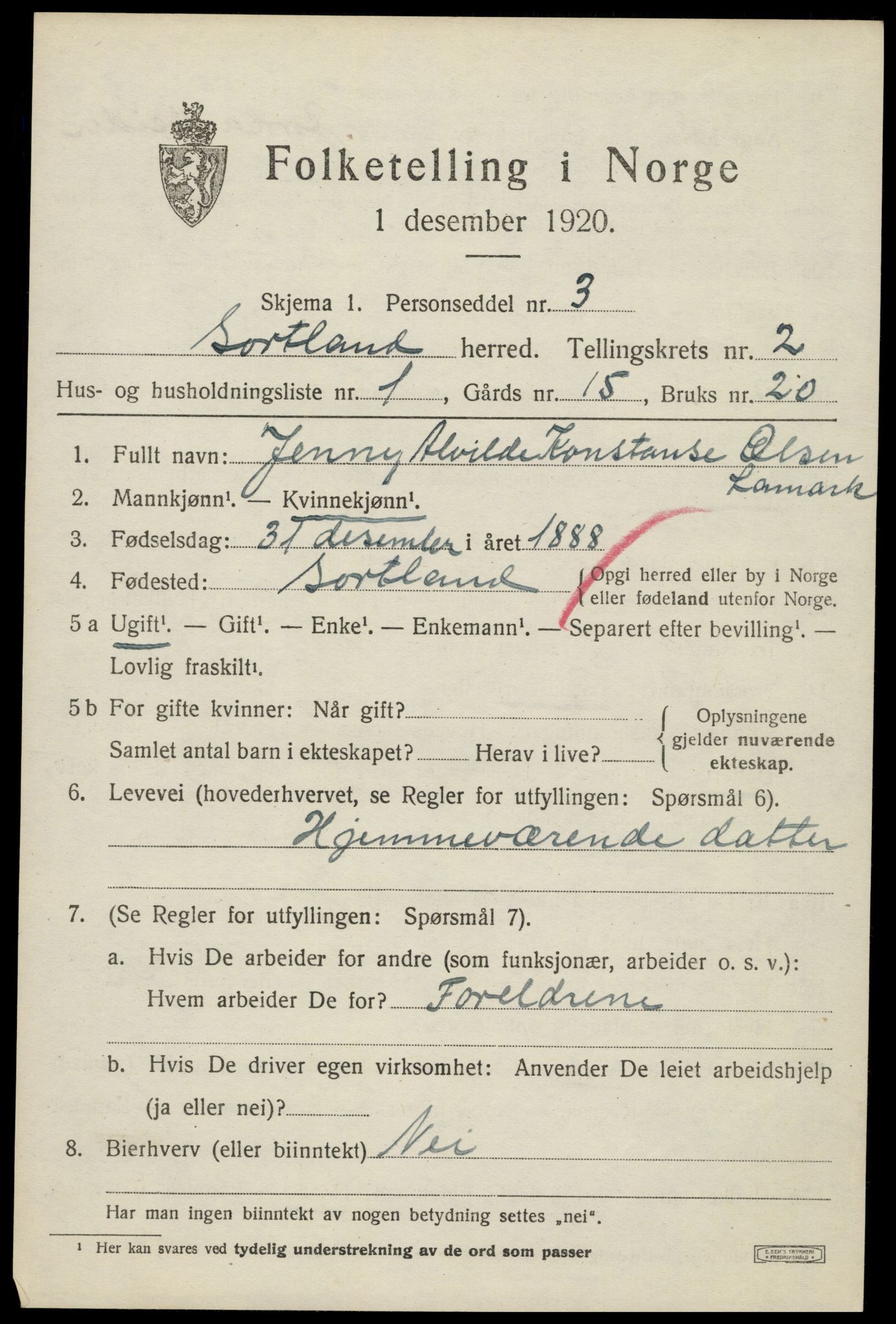 SAT, 1920 census for Sortland, 1920, p. 2774