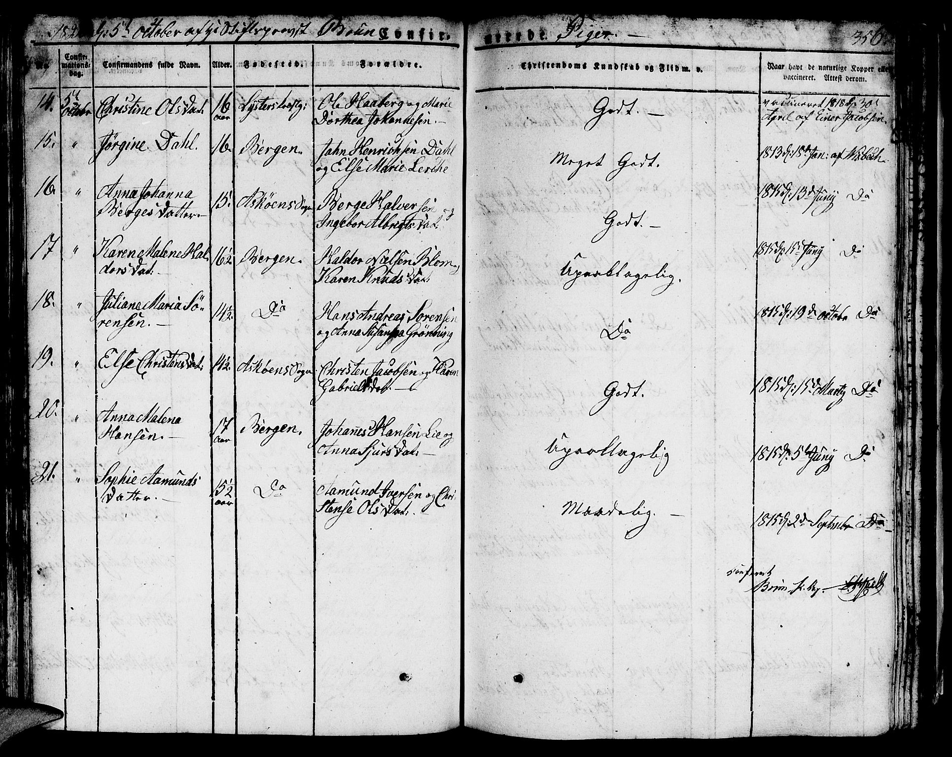 Domkirken sokneprestembete, AV/SAB-A-74801/H/Hab/L0002: Parish register (copy) no. A 2, 1821-1839, p. 356