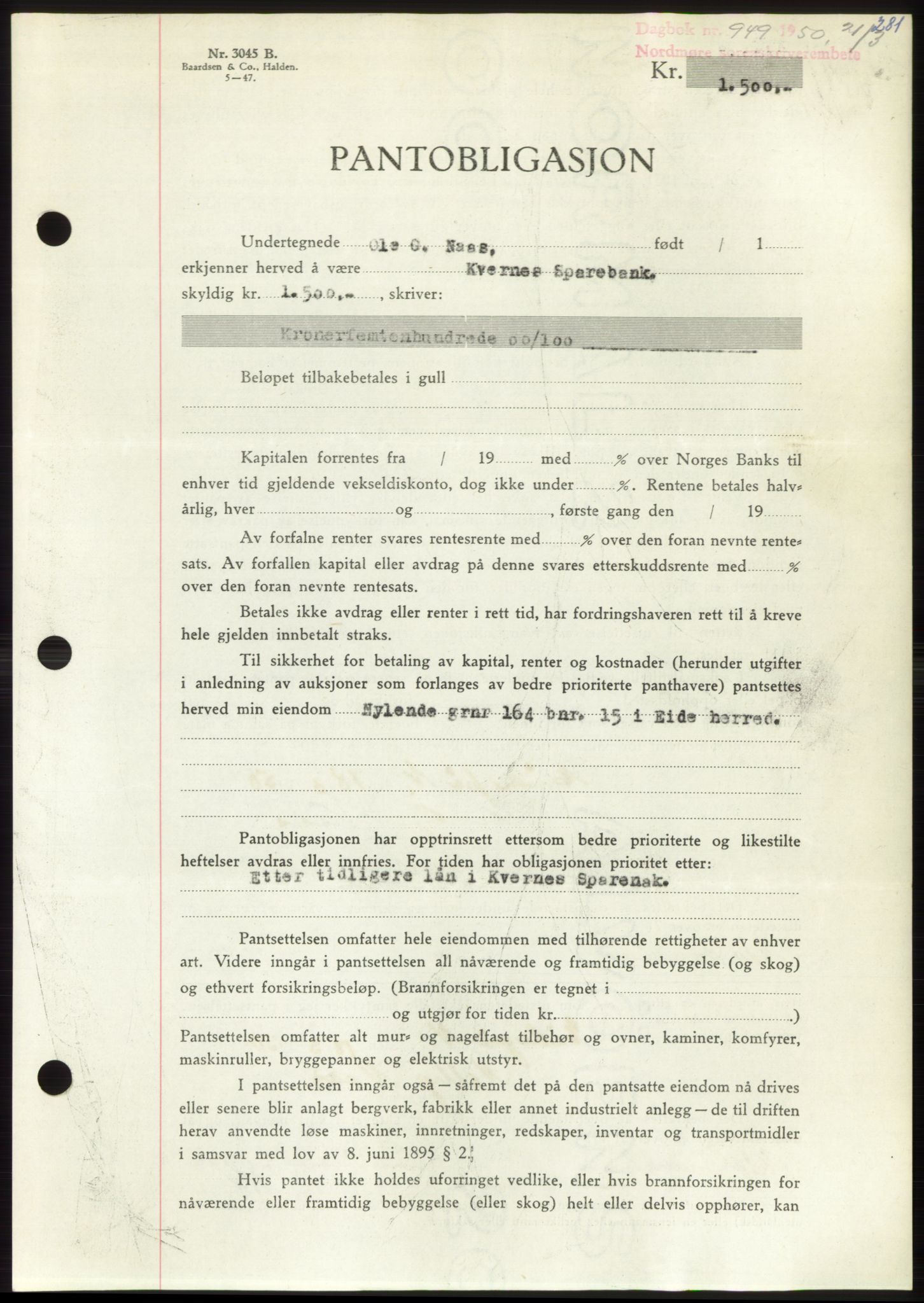 Nordmøre sorenskriveri, AV/SAT-A-4132/1/2/2Ca: Mortgage book no. B104, 1950-1950, Diary no: : 949/1950