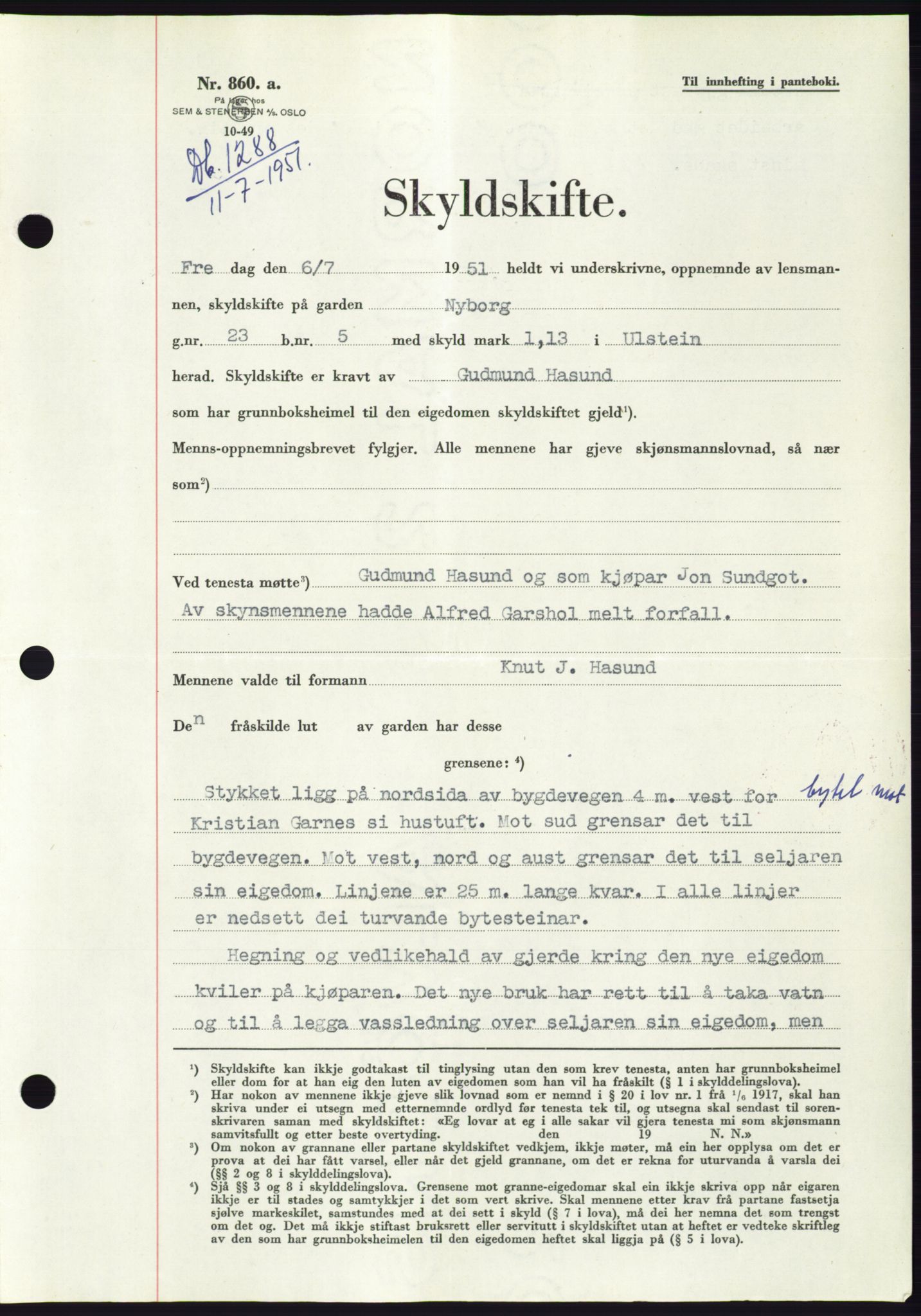 Søre Sunnmøre sorenskriveri, AV/SAT-A-4122/1/2/2C/L0089: Mortgage book no. 15A, 1951-1951, Diary no: : 1288/1951