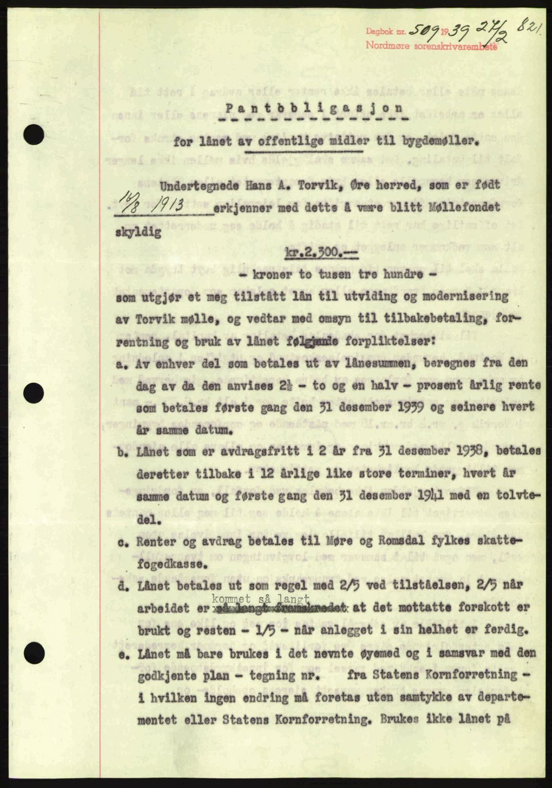 Nordmøre sorenskriveri, SAT/A-4132/1/2/2Ca: Mortgage book no. B84, 1938-1939, Diary no: : 509/1939