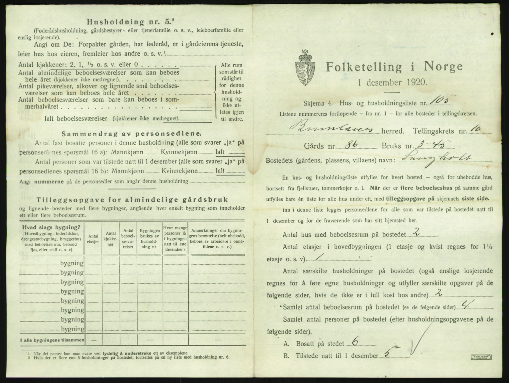SAKO, 1920 census for Brunlanes, 1920, p. 1455