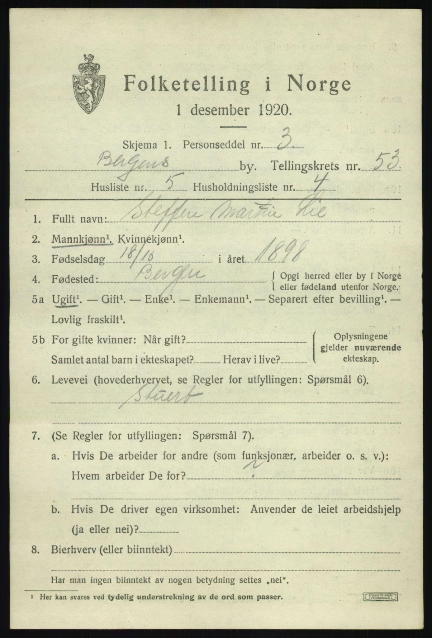 SAB, 1920 census for Bergen, 1920, p. 121580