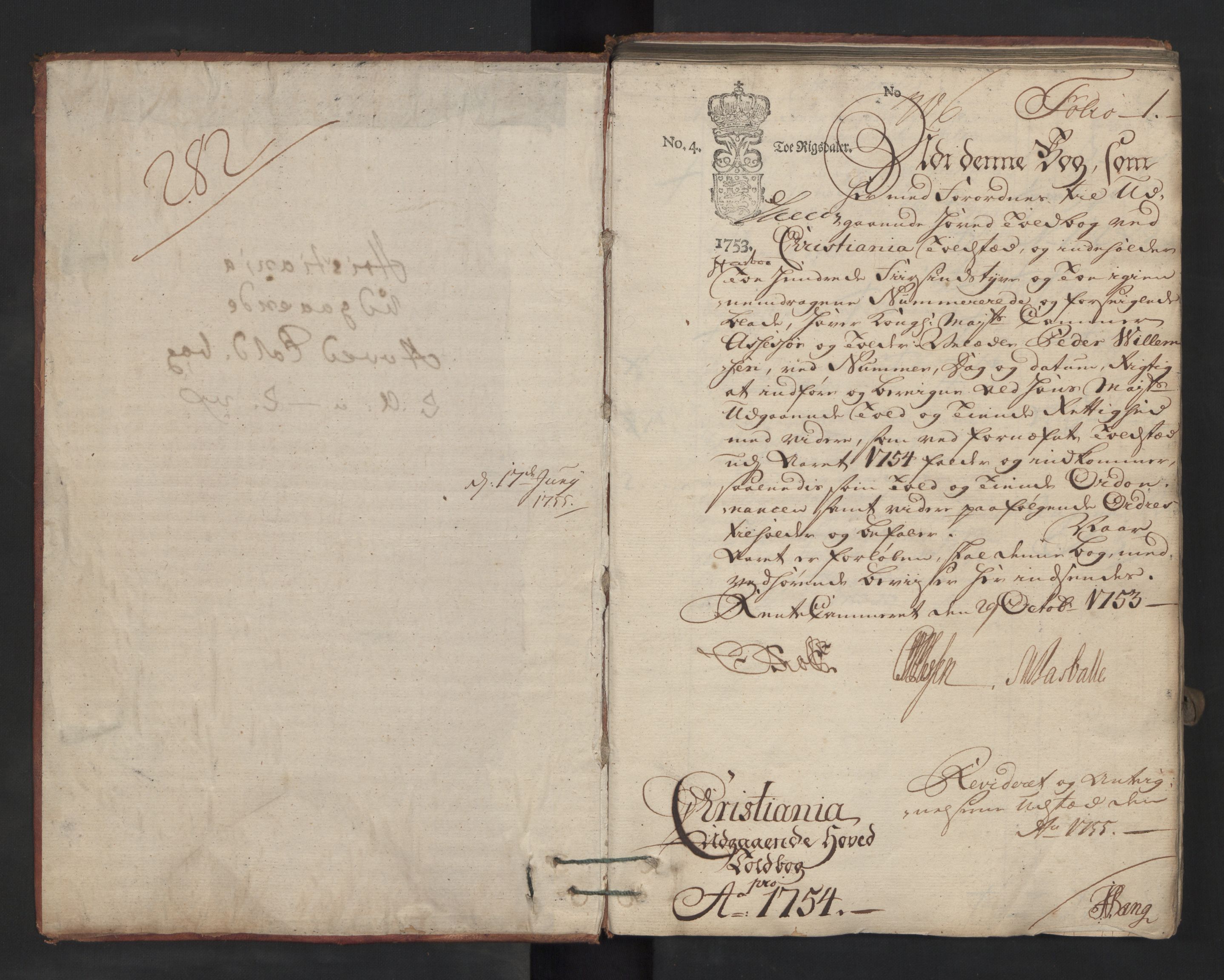 Generaltollkammeret, tollregnskaper, AV/RA-EA-5490/R06/L0032/0001: Tollregnskaper Kristiania / Utgående hovedtollbok, 1754