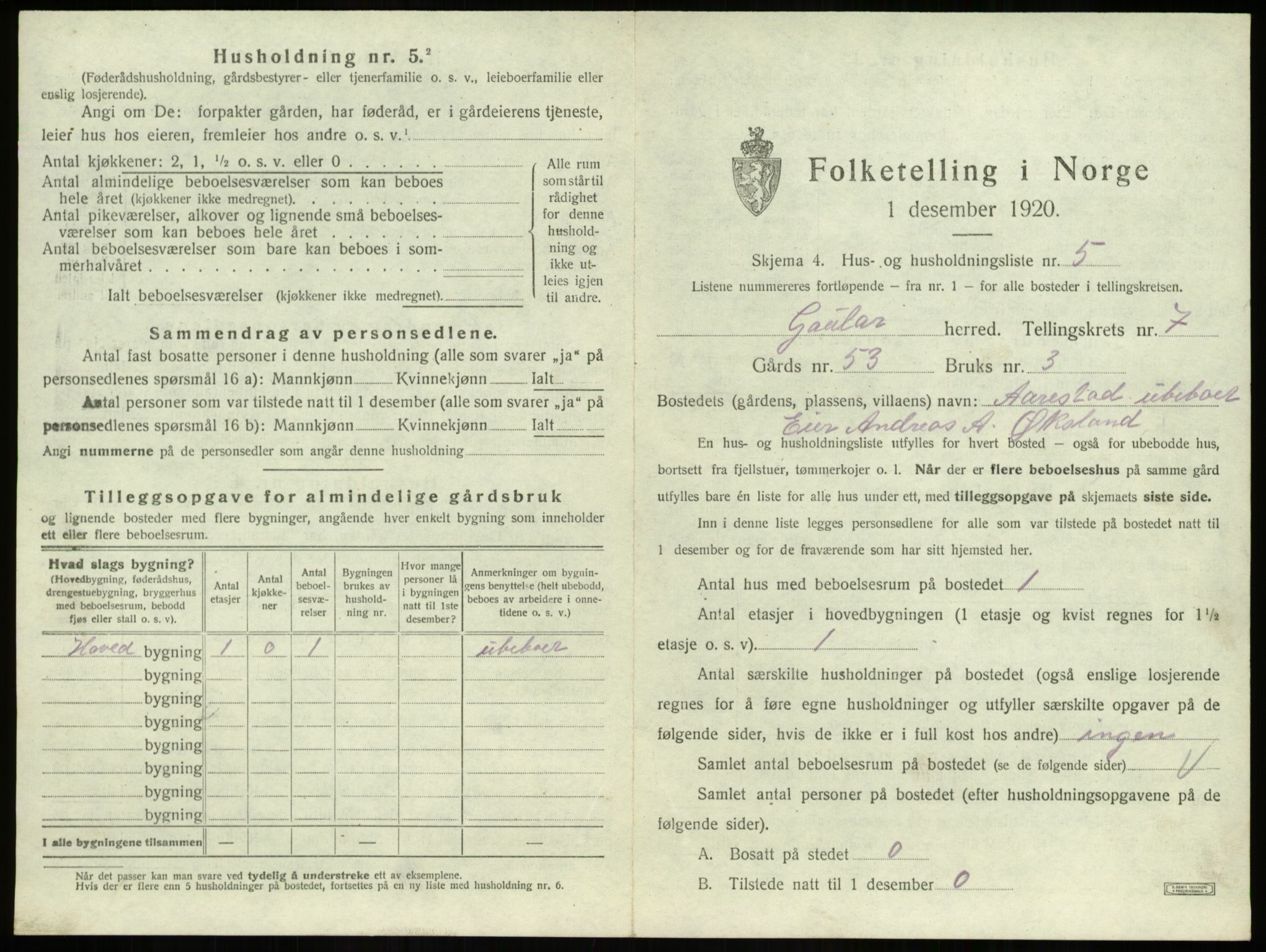 SAB, 1920 census for Gaular, 1920, p. 482