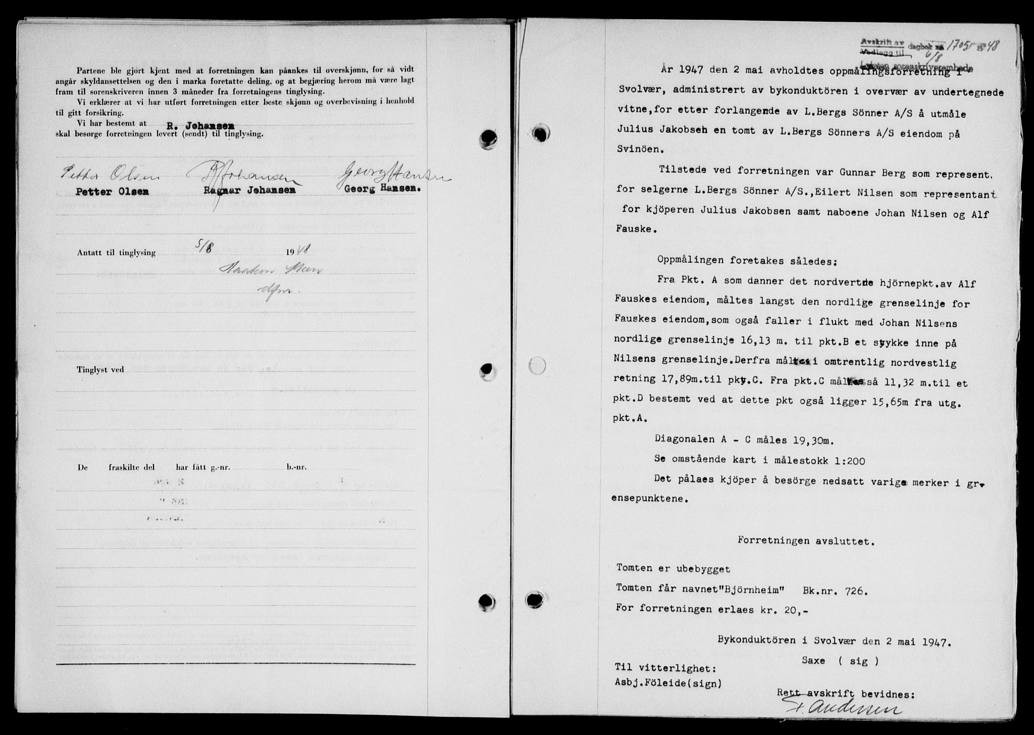 Lofoten sorenskriveri, SAT/A-0017/1/2/2C/L0019a: Mortgage book no. 19a, 1948-1948, Diary no: : 1705/1948