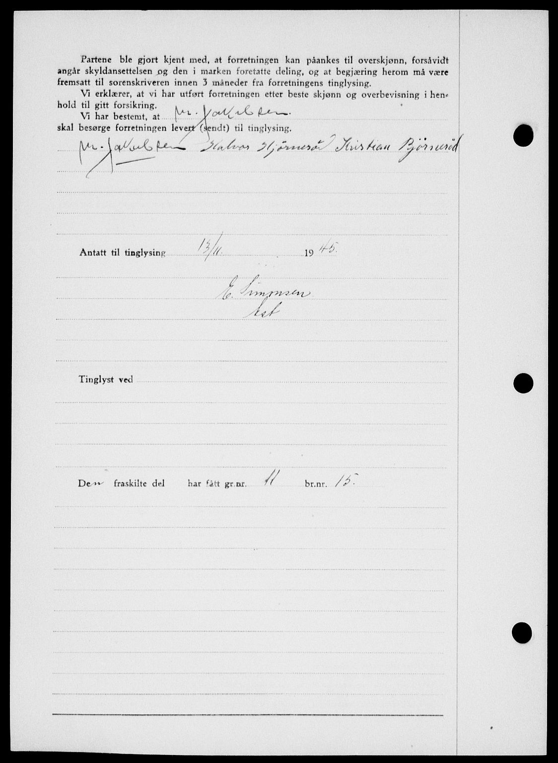 Onsøy sorenskriveri, SAO/A-10474/G/Ga/Gab/L0015: Mortgage book no. II A-15, 1945-1946, Diary no: : 1509/1945