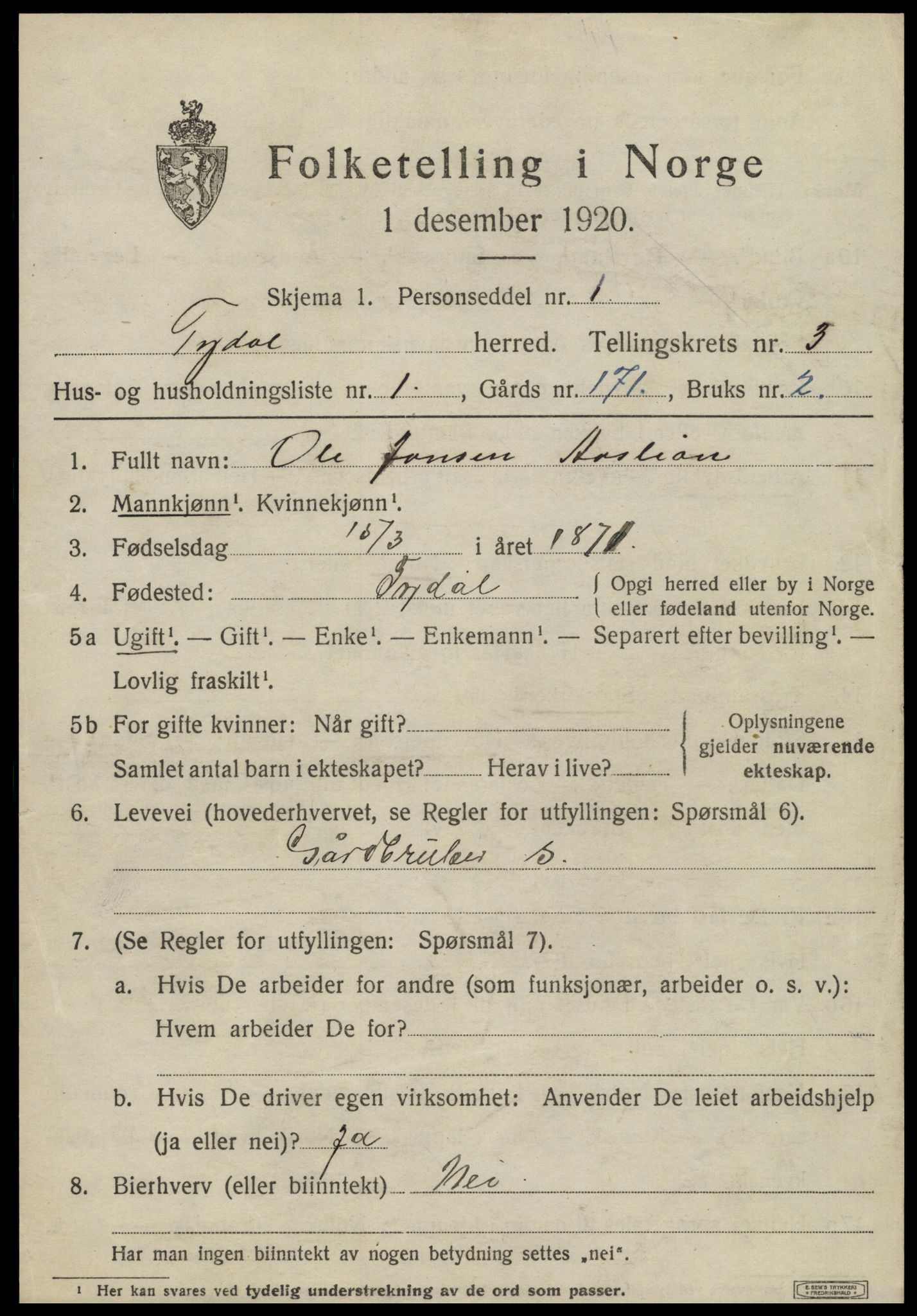 SAT, 1920 census for Tydal, 1920, p. 879