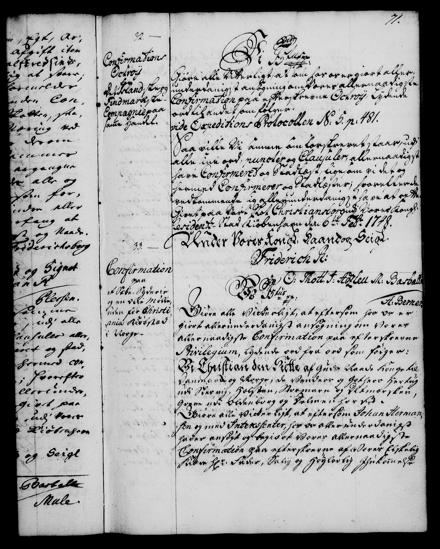 Rentekammeret, Kammerkanselliet, RA/EA-3111/G/Gg/Ggc/Ggca/L0001: Norsk konfirmasjonsekspedisjonsprotokoll med register (merket RK 53.23), 1746-1750, p. 71