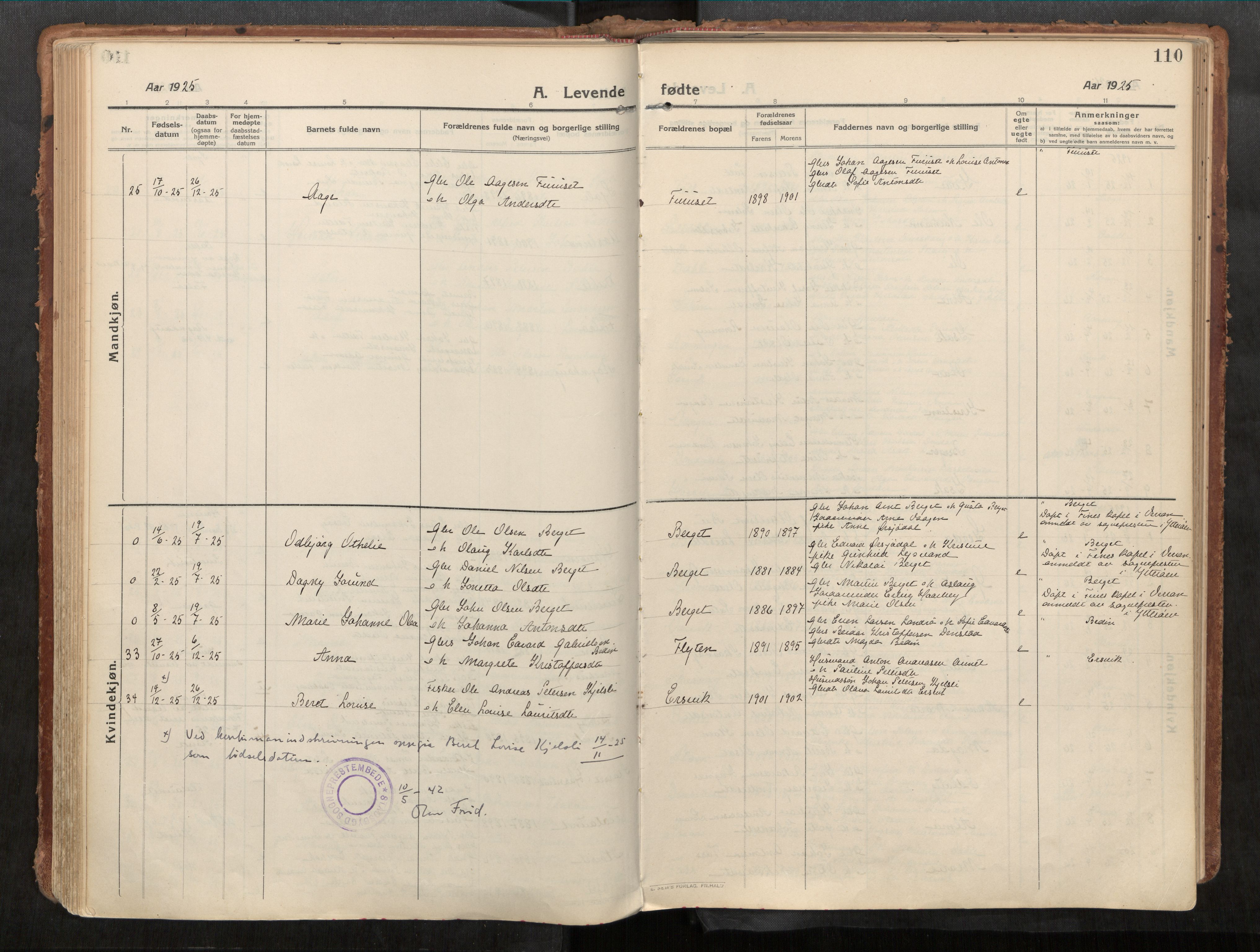 Stadsbygd sokneprestkontor, AV/SAT-A-1117/1/I/I1/I1a/L0001: Parish register (official) no. 1, 1911-1929, p. 110