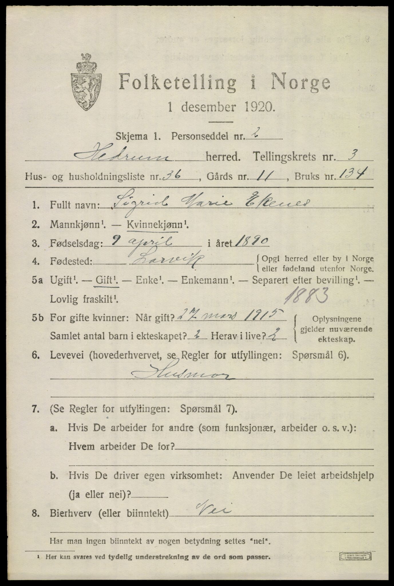 SAKO, 1920 census for Hedrum, 1920, p. 3985