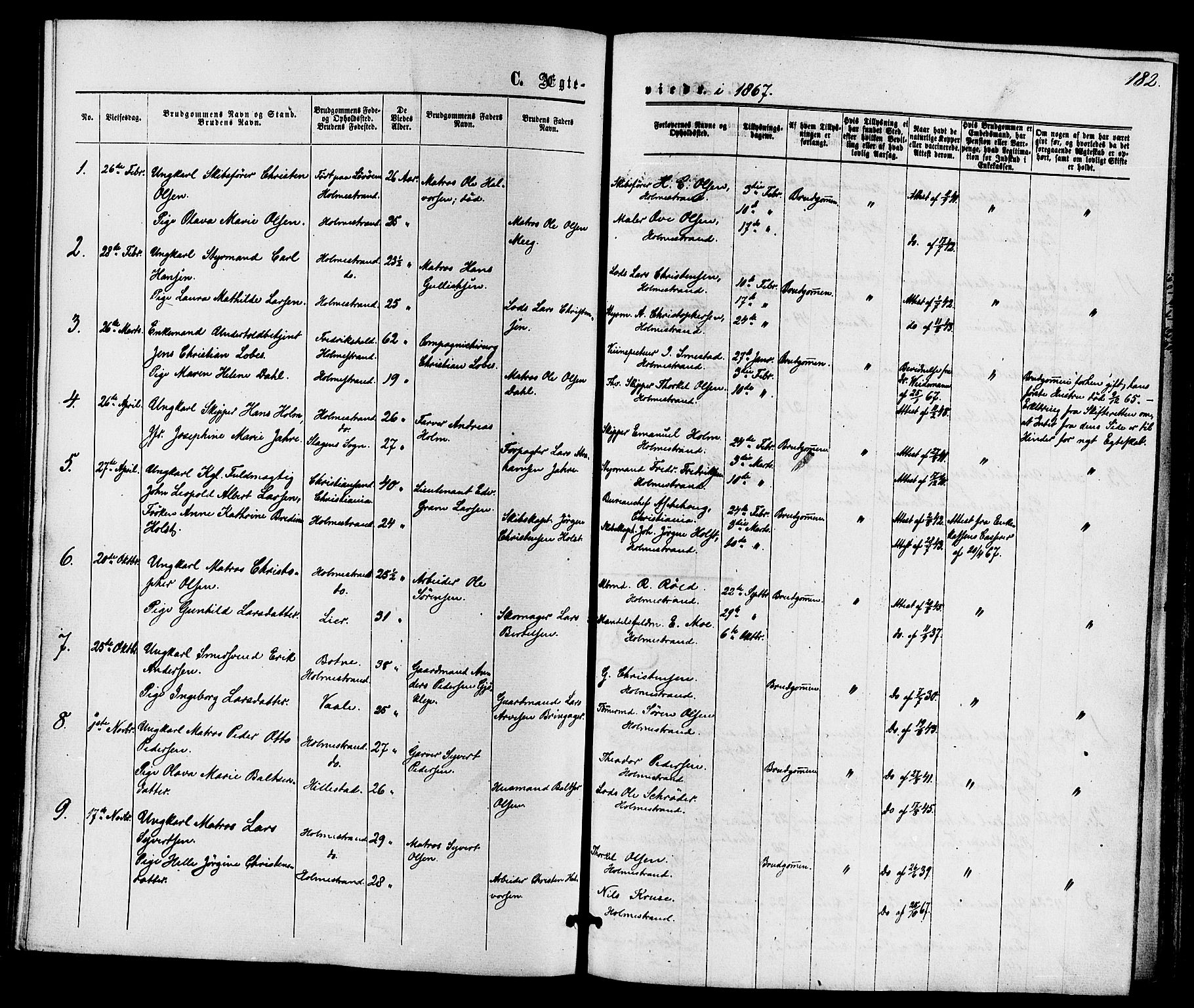 Holmestrand kirkebøker, SAKO/A-346/F/Fa/L0003: Parish register (official) no. 3, 1867-1879, p. 182