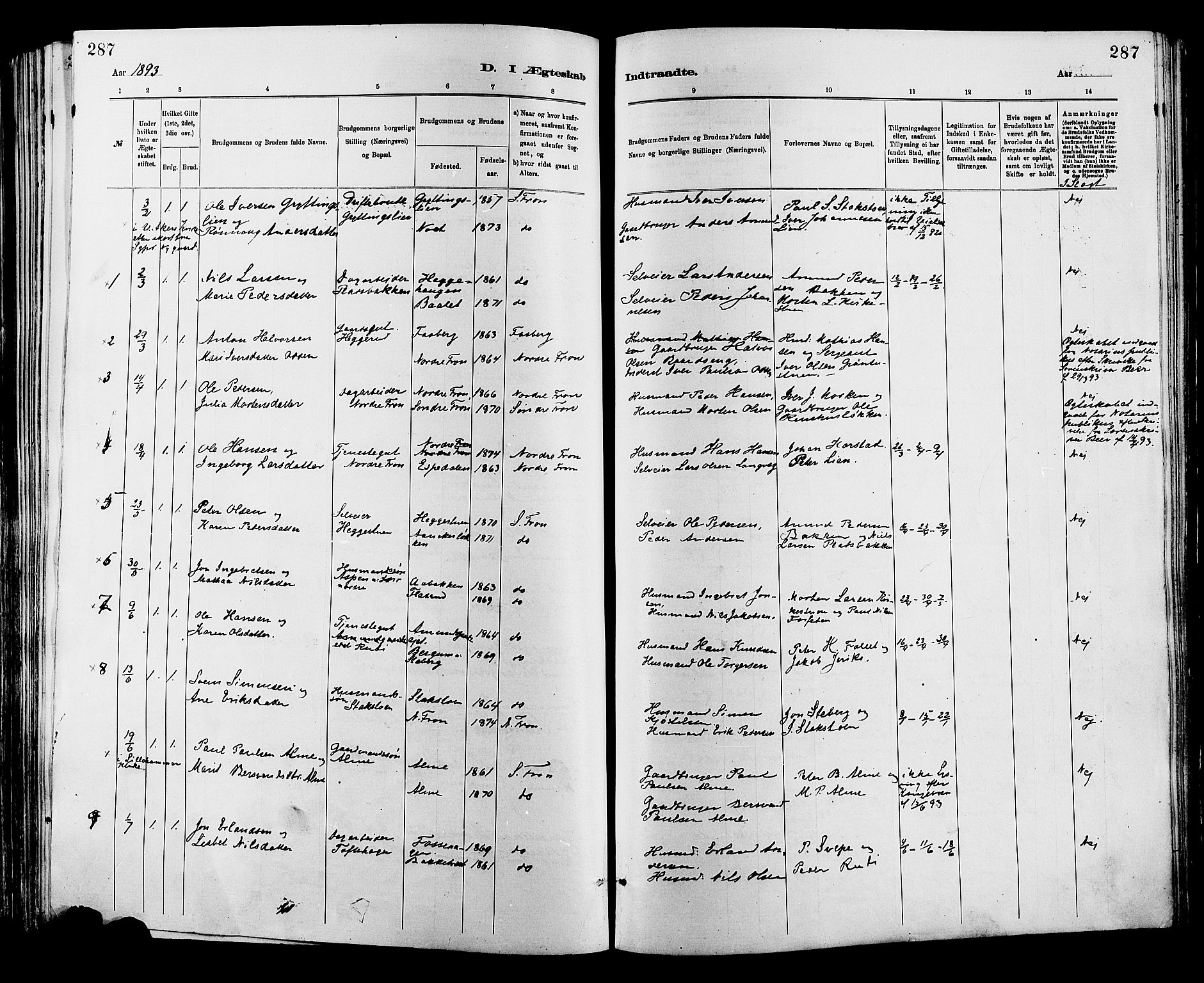 Sør-Fron prestekontor, AV/SAH-PREST-010/H/Ha/Haa/L0003: Parish register (official) no. 3, 1881-1897, p. 287