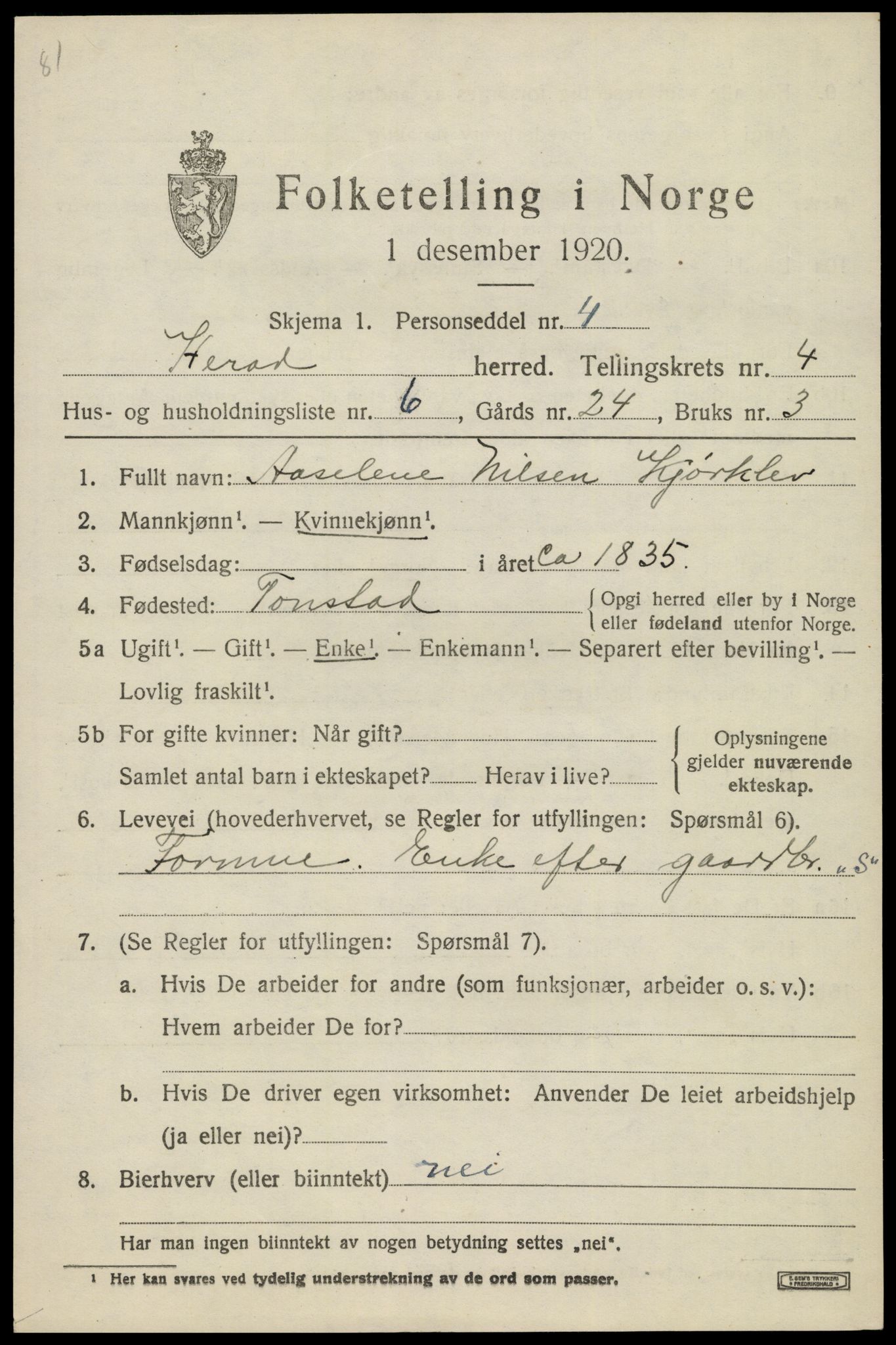 SAK, 1920 census for Herad, 1920, p. 1784