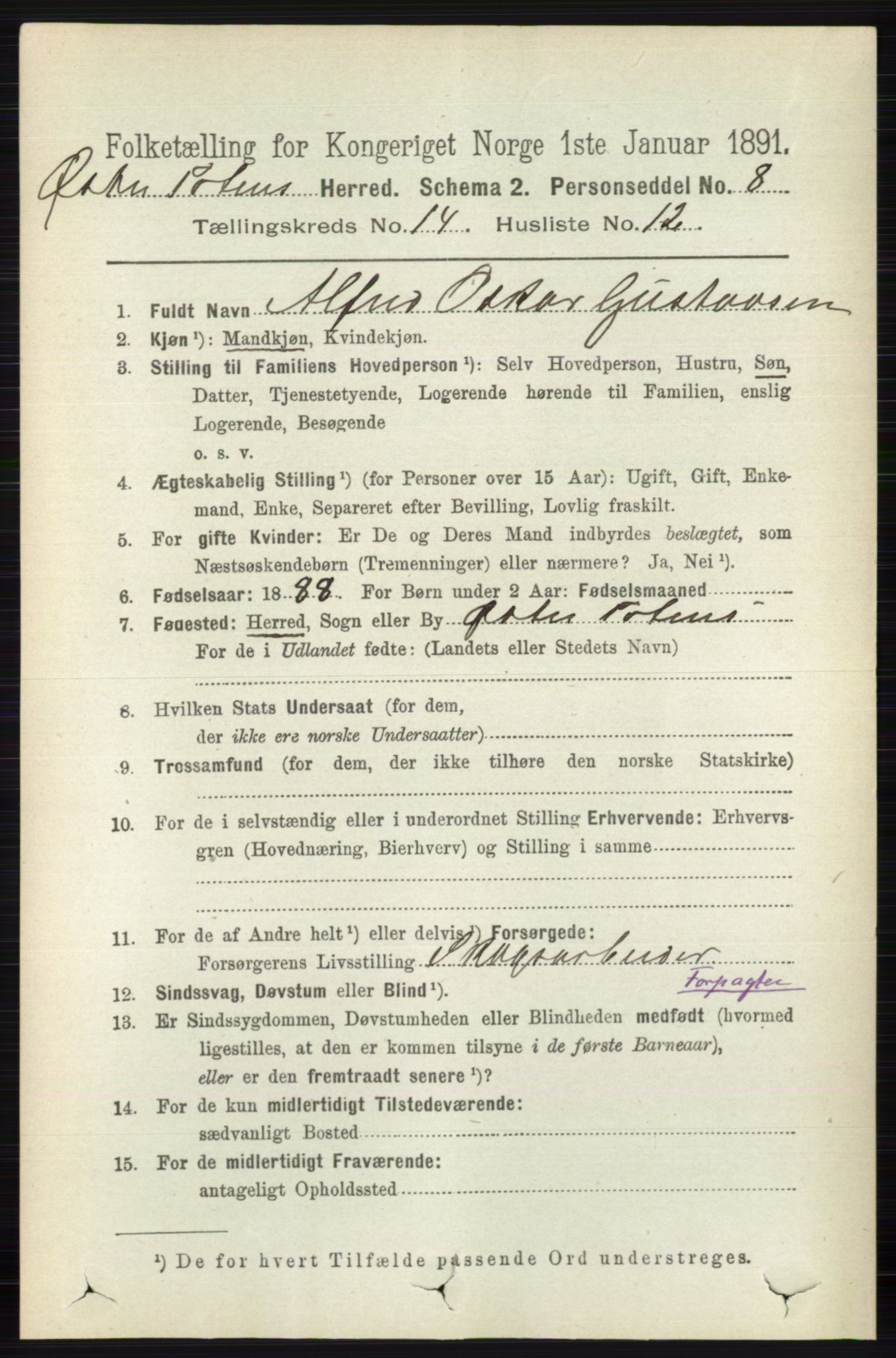 RA, 1891 census for 0528 Østre Toten, 1891, p. 9124