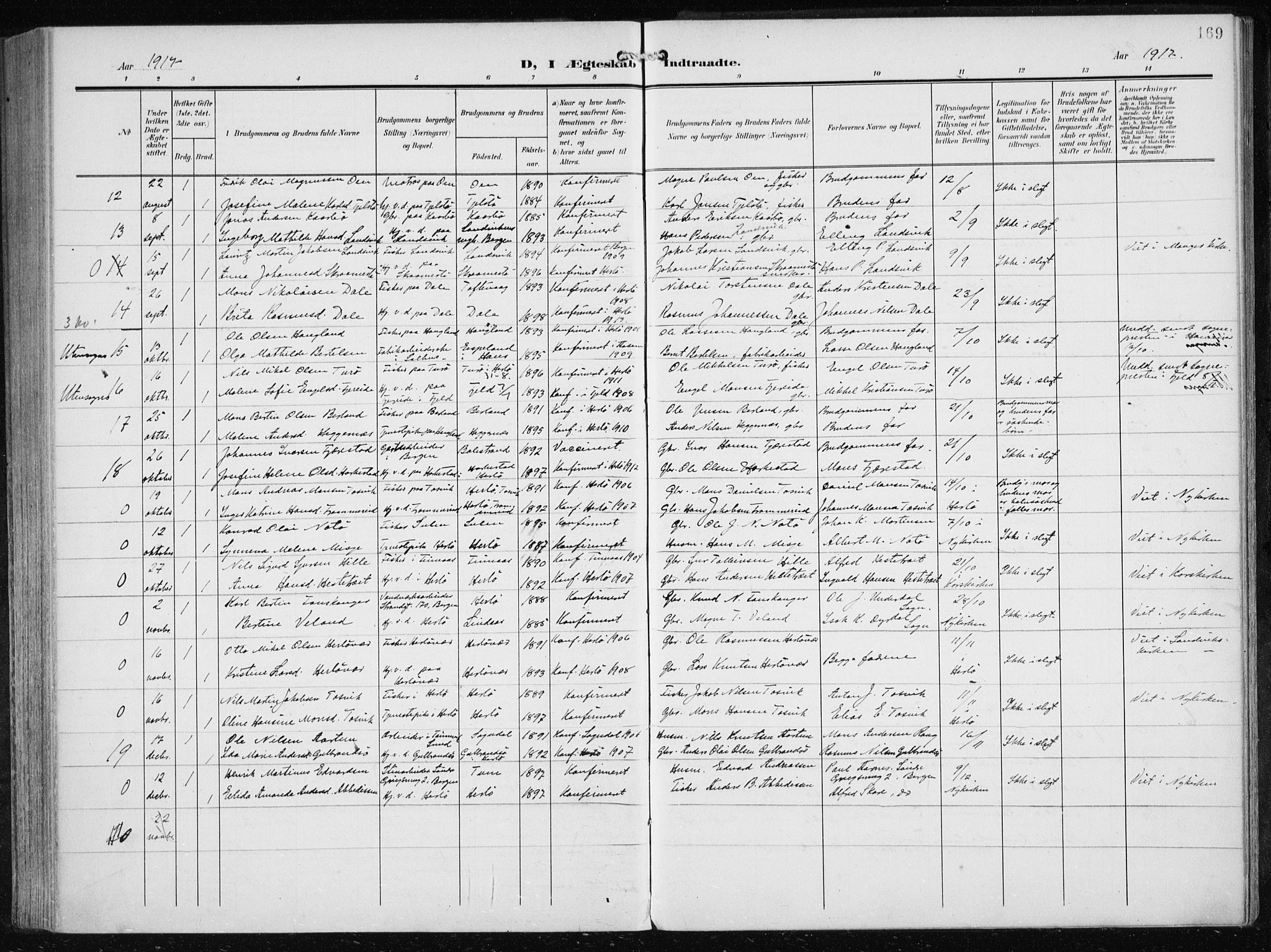 Herdla Sokneprestembete, AV/SAB-A-75701/H/Haa: Parish register (official) no. A 5, 1905-1918, p. 169