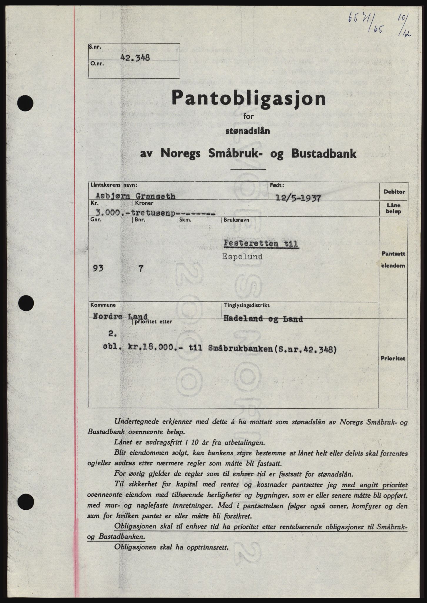 Hadeland og Land tingrett, SAH/TING-010/H/Hb/Hbc/L0061: Mortgage book no. B61, 1965-1966, Diary no: : 6571/1965