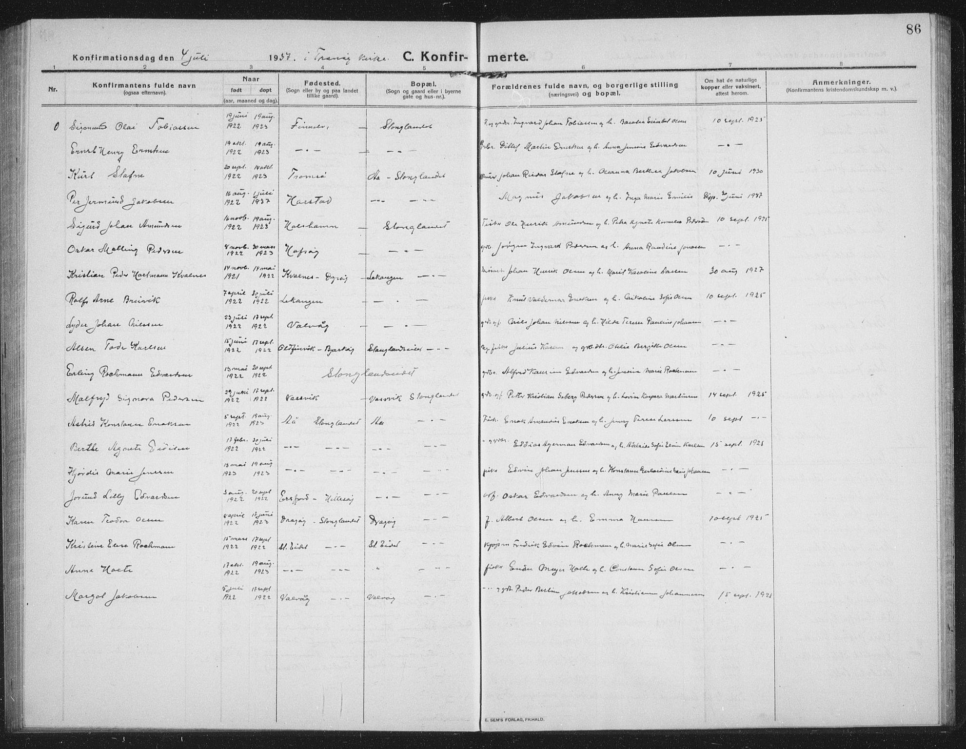 Tranøy sokneprestkontor, AV/SATØ-S-1313/I/Ia/Iab/L0019klokker: Parish register (copy) no. 19, 1914-1940, p. 86