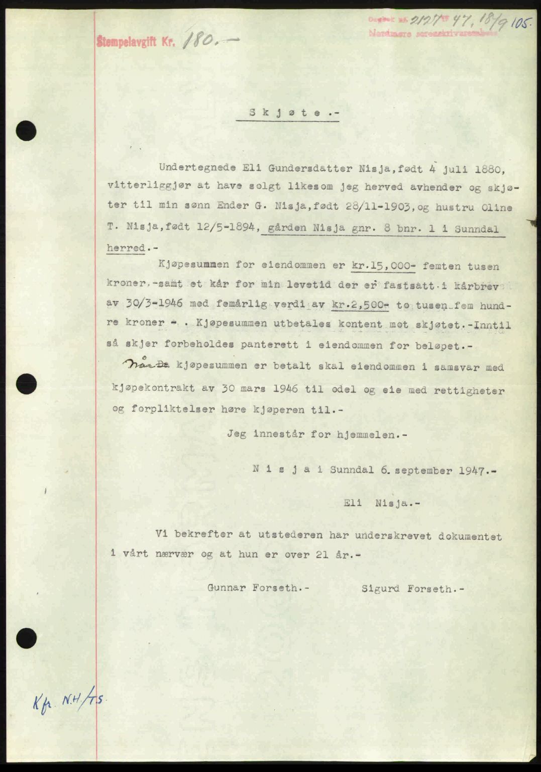 Nordmøre sorenskriveri, AV/SAT-A-4132/1/2/2Ca: Mortgage book no. A106, 1947-1947, Diary no: : 2127/1947