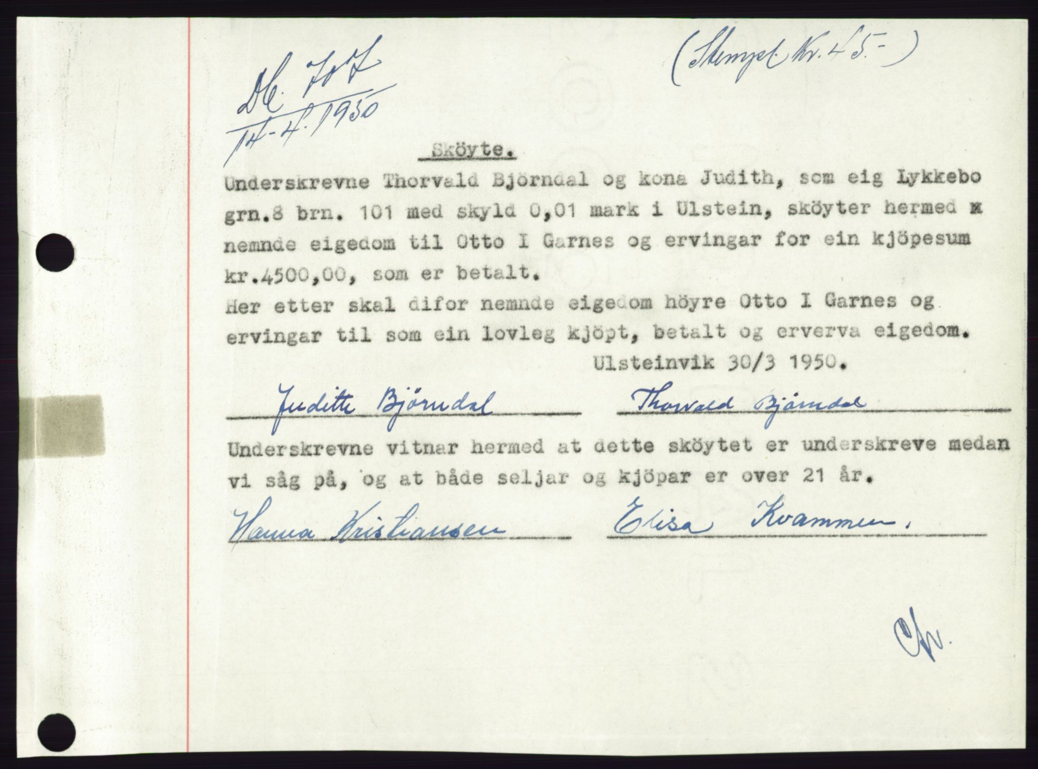 Søre Sunnmøre sorenskriveri, SAT/A-4122/1/2/2C/L0086: Mortgage book no. 12A, 1949-1950, Diary no: : 707/1950