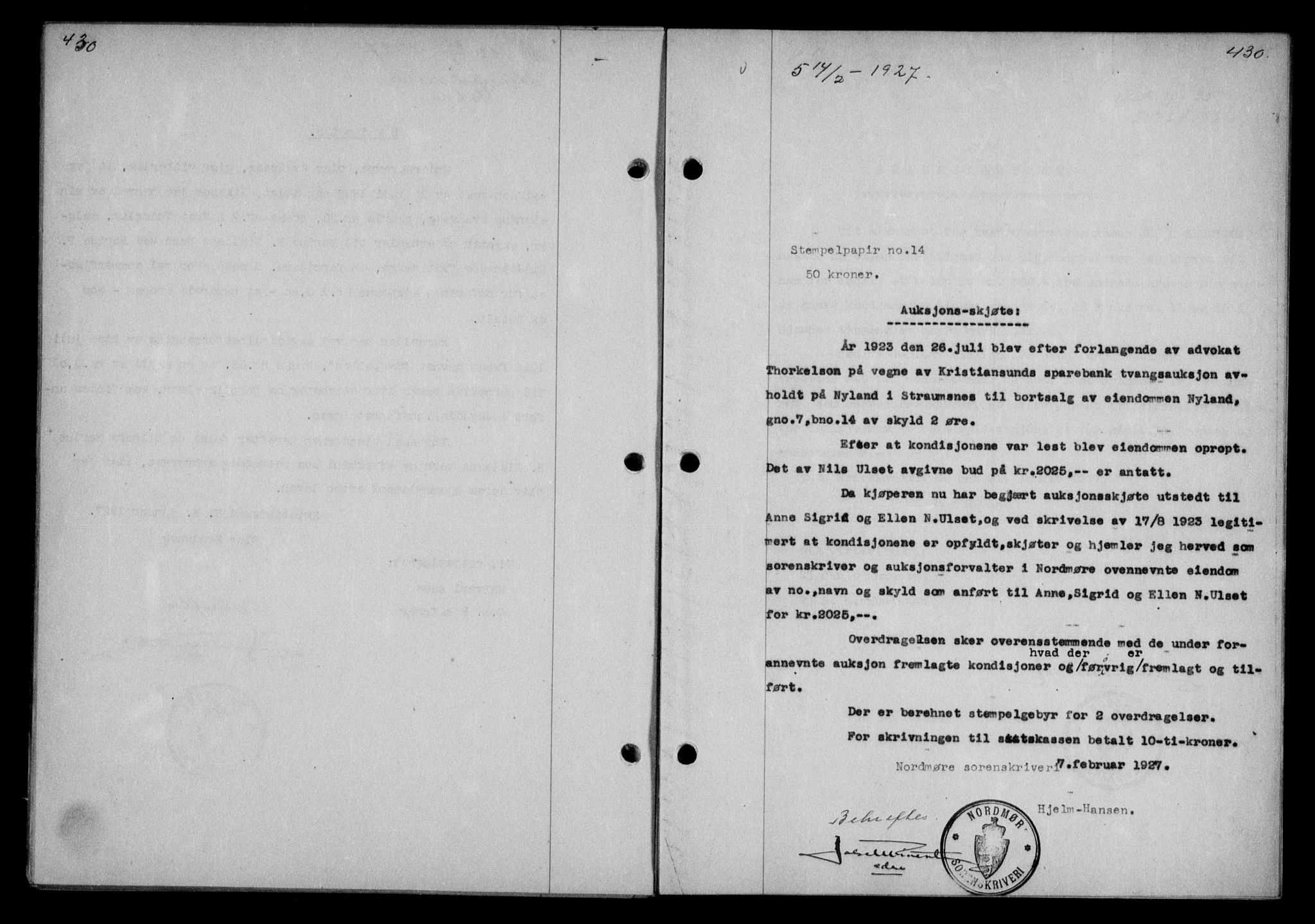 Nordmøre sorenskriveri, AV/SAT-A-4132/1/2/2Ca/L0061: Mortgage book no. 51, 1926-1927, Deed date: 14.02.1927