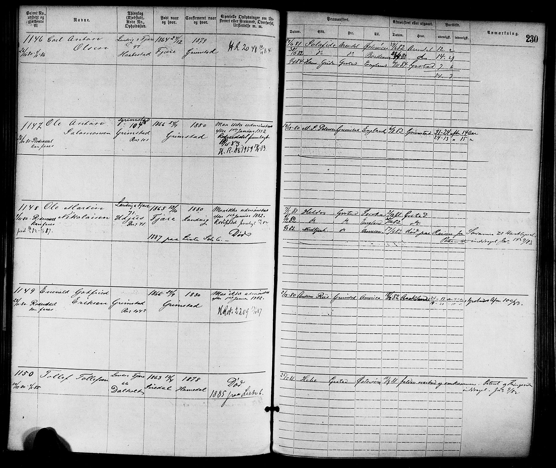 Grimstad mønstringskrets, SAK/2031-0013/F/Fa/L0001: Annotasjonsrulle nr 1-1920 med register, F-1, 1870-1892, p. 259