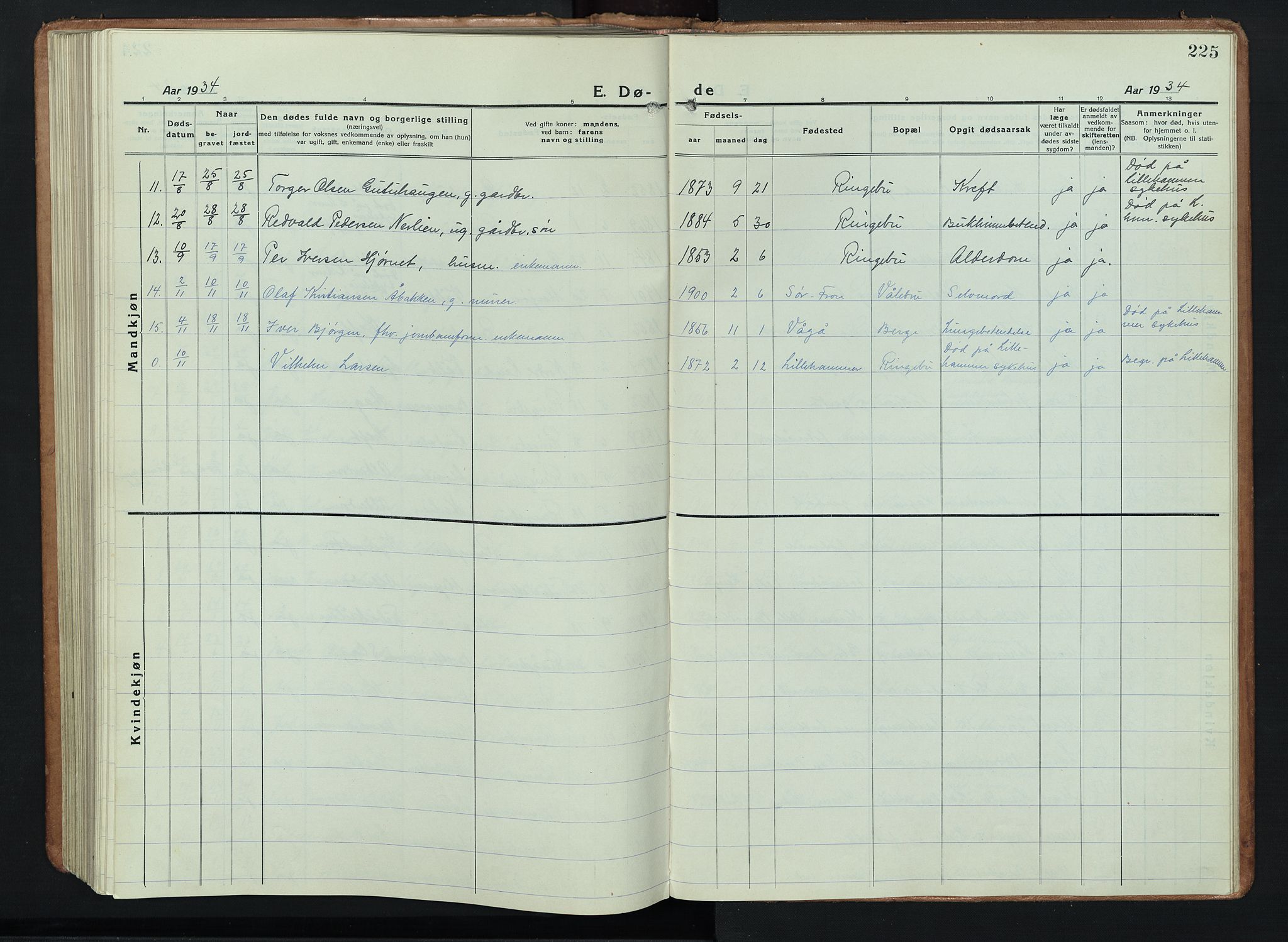 Ringebu prestekontor, AV/SAH-PREST-082/H/Ha/Hab/L0011: Parish register (copy) no. 11, 1921-1943, p. 225