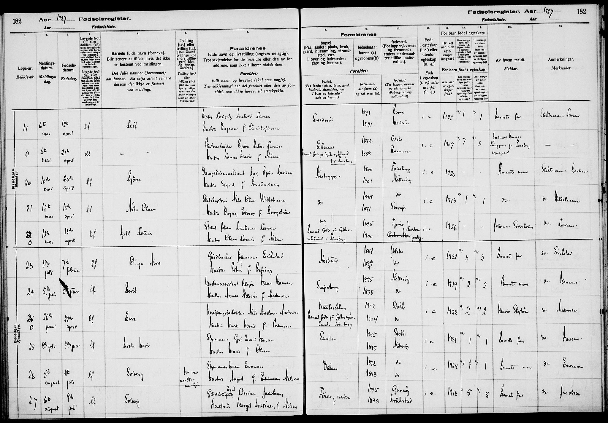 Nøtterøy kirkebøker, AV/SAKO-A-354/J/Ja/L0001: Birth register no. 1, 1916-1928, p. 182