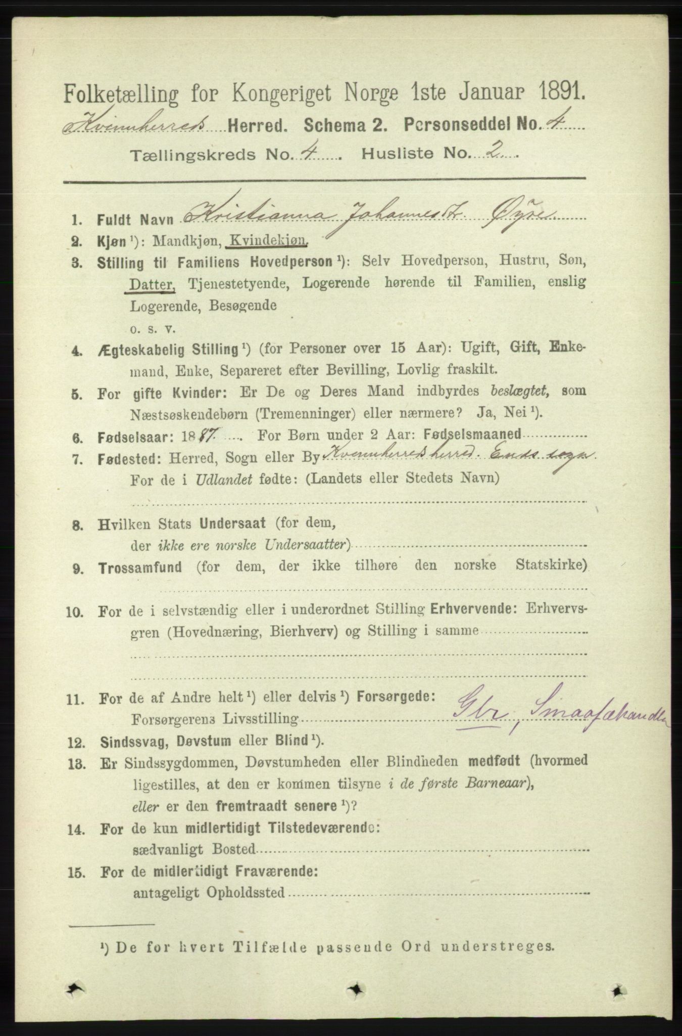 RA, 1891 census for 1224 Kvinnherad, 1891, p. 1391