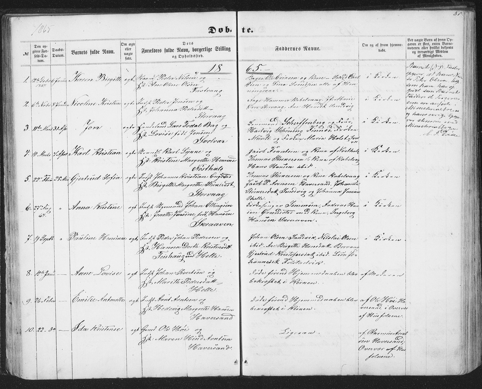 Ministerialprotokoller, klokkerbøker og fødselsregistre - Nordland, AV/SAT-A-1459/874/L1073: Parish register (copy) no. 874C02, 1860-1870, p. 51