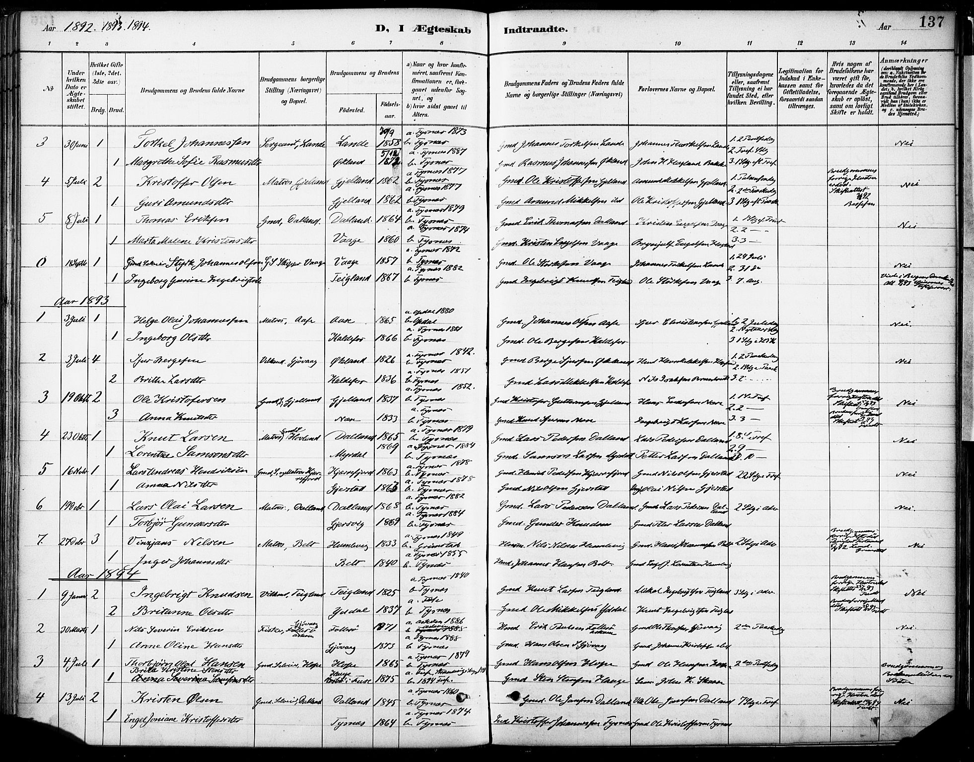 Tysnes sokneprestembete, SAB/A-78601/H/Haa: Parish register (official) no. B 1, 1887-1906, p. 137