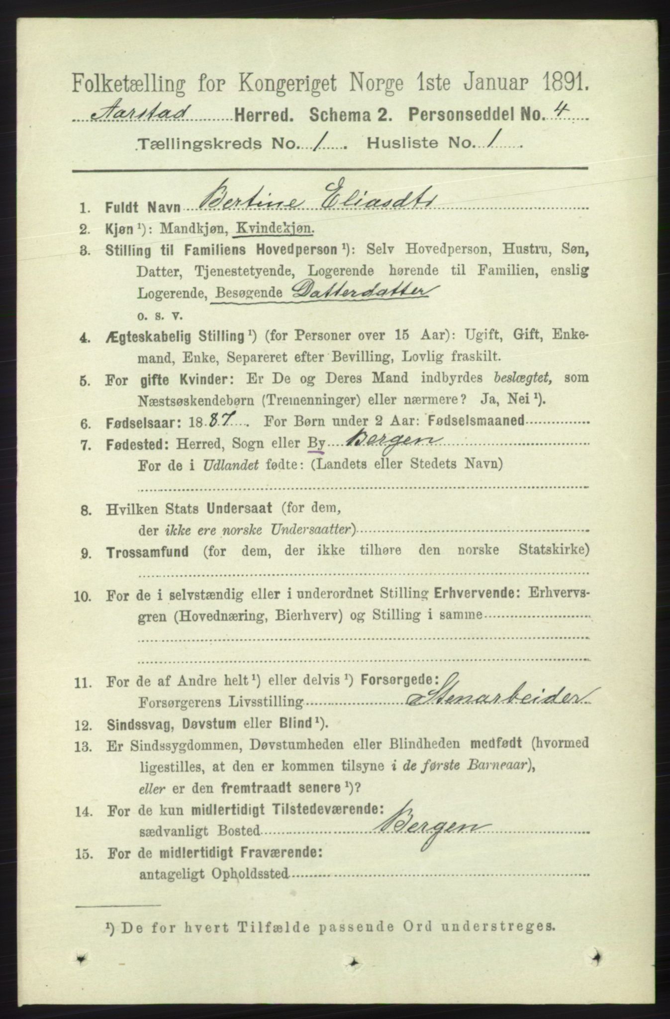 SAB, 1891 Census for 1280 Årstad, 1891, p. 107