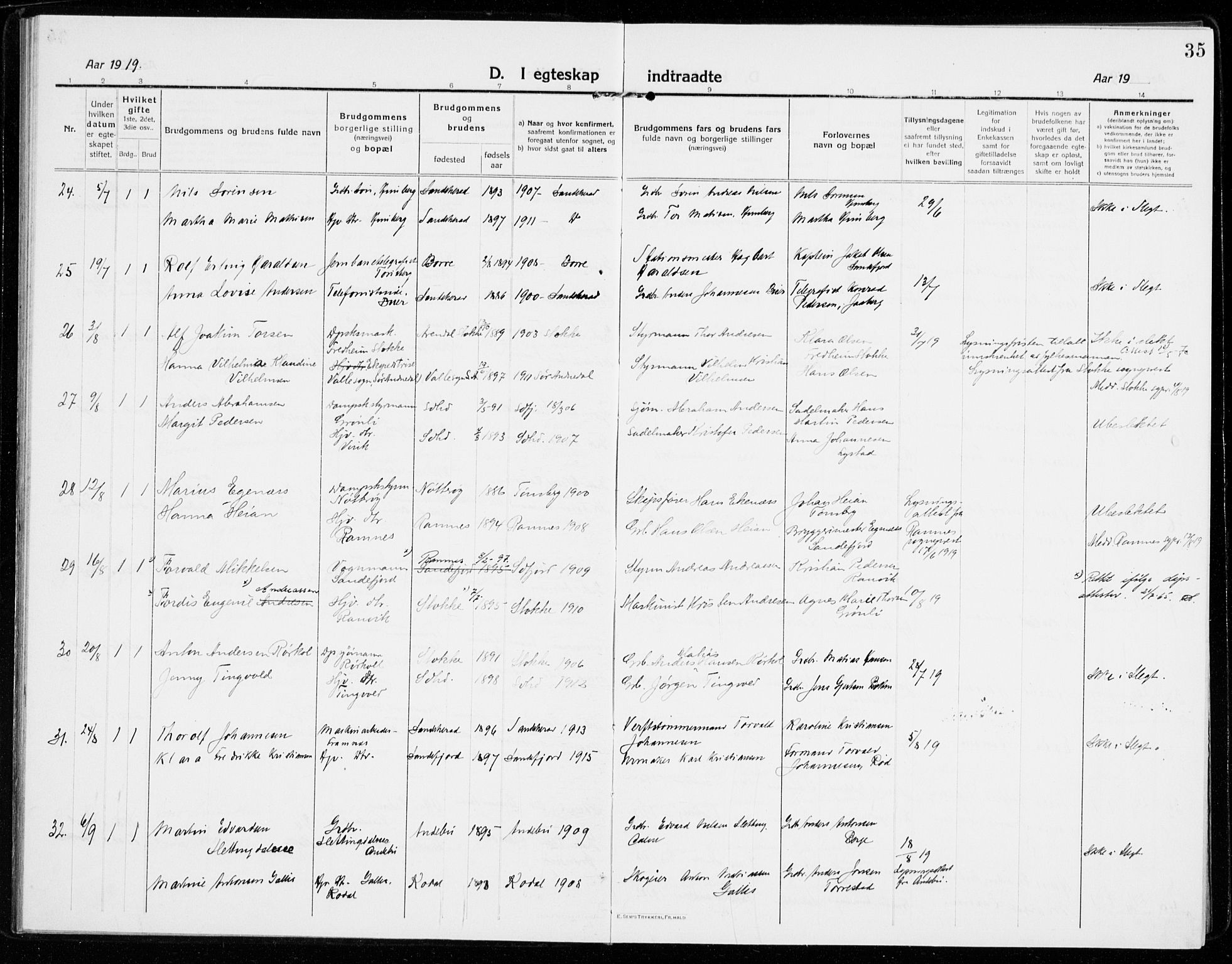 Sandar kirkebøker, AV/SAKO-A-243/F/Fa/L0020: Parish register (official) no. 20, 1915-1919, p. 35