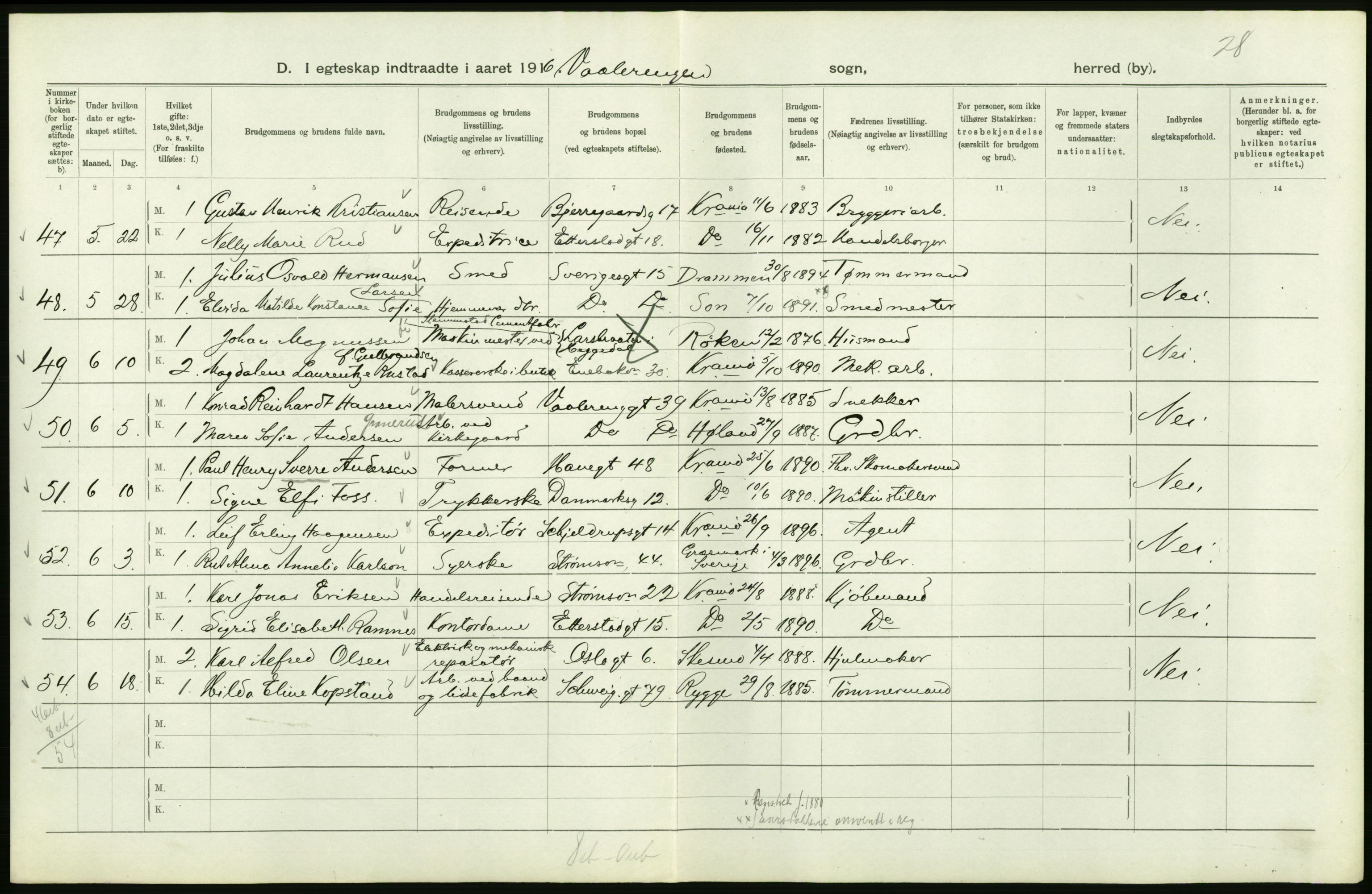 Statistisk sentralbyrå, Sosiodemografiske emner, Befolkning, RA/S-2228/D/Df/Dfb/Dfbf/L0008: Kristiania: Gifte, 1916, p. 802