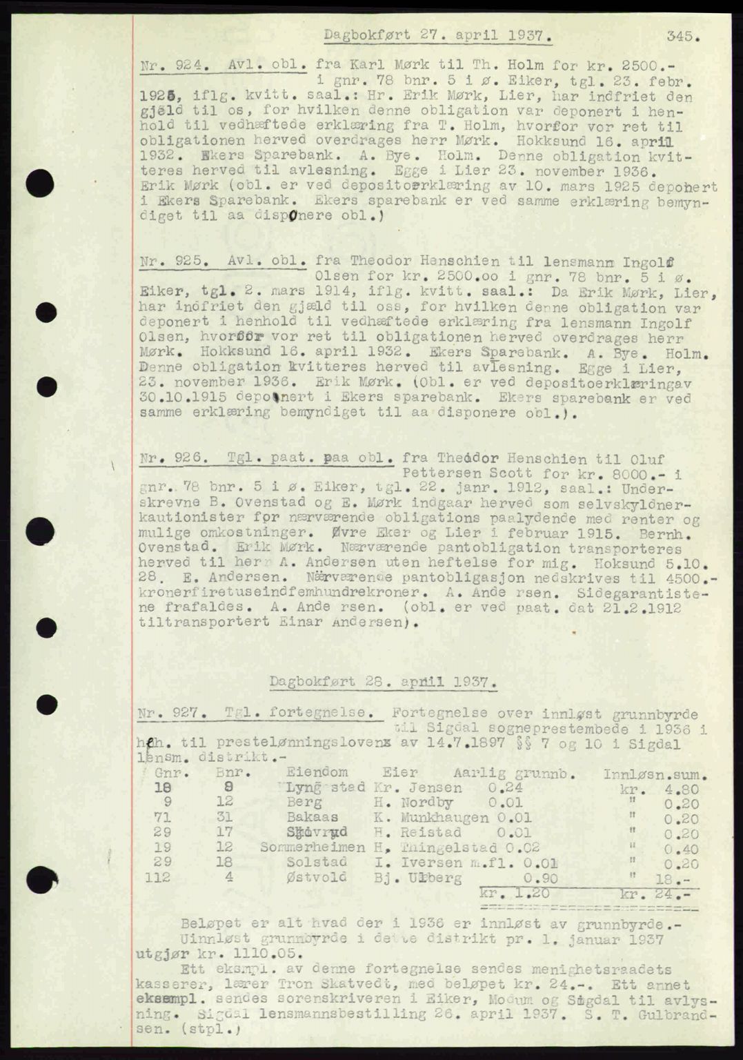 Eiker, Modum og Sigdal sorenskriveri, SAKO/A-123/G/Ga/Gab/L0035: Mortgage book no. A5, 1937-1937, Diary no: : 924/1937