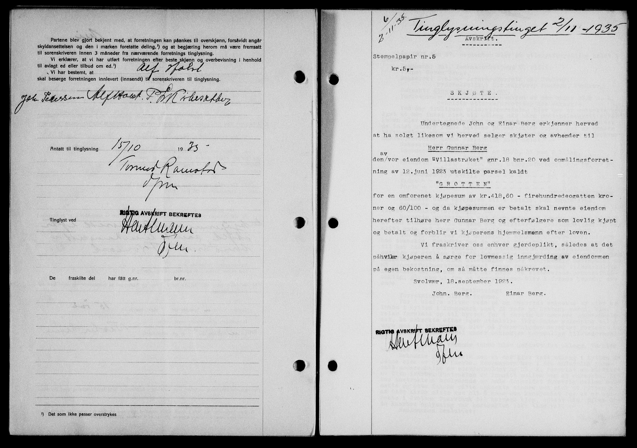 Lofoten sorenskriveri, SAT/A-0017/1/2/2C/L0032b: Mortgage book no. 32b, 1935-1935, Deed date: 02.11.1935