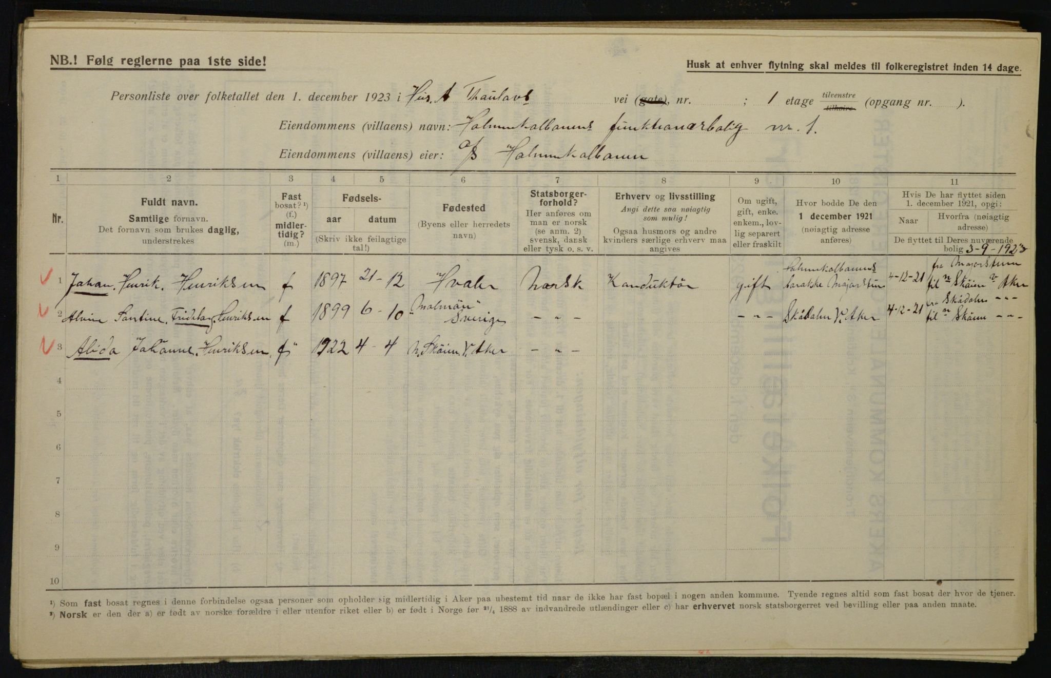 , Municipal Census 1923 for Aker, 1923, p. 19321