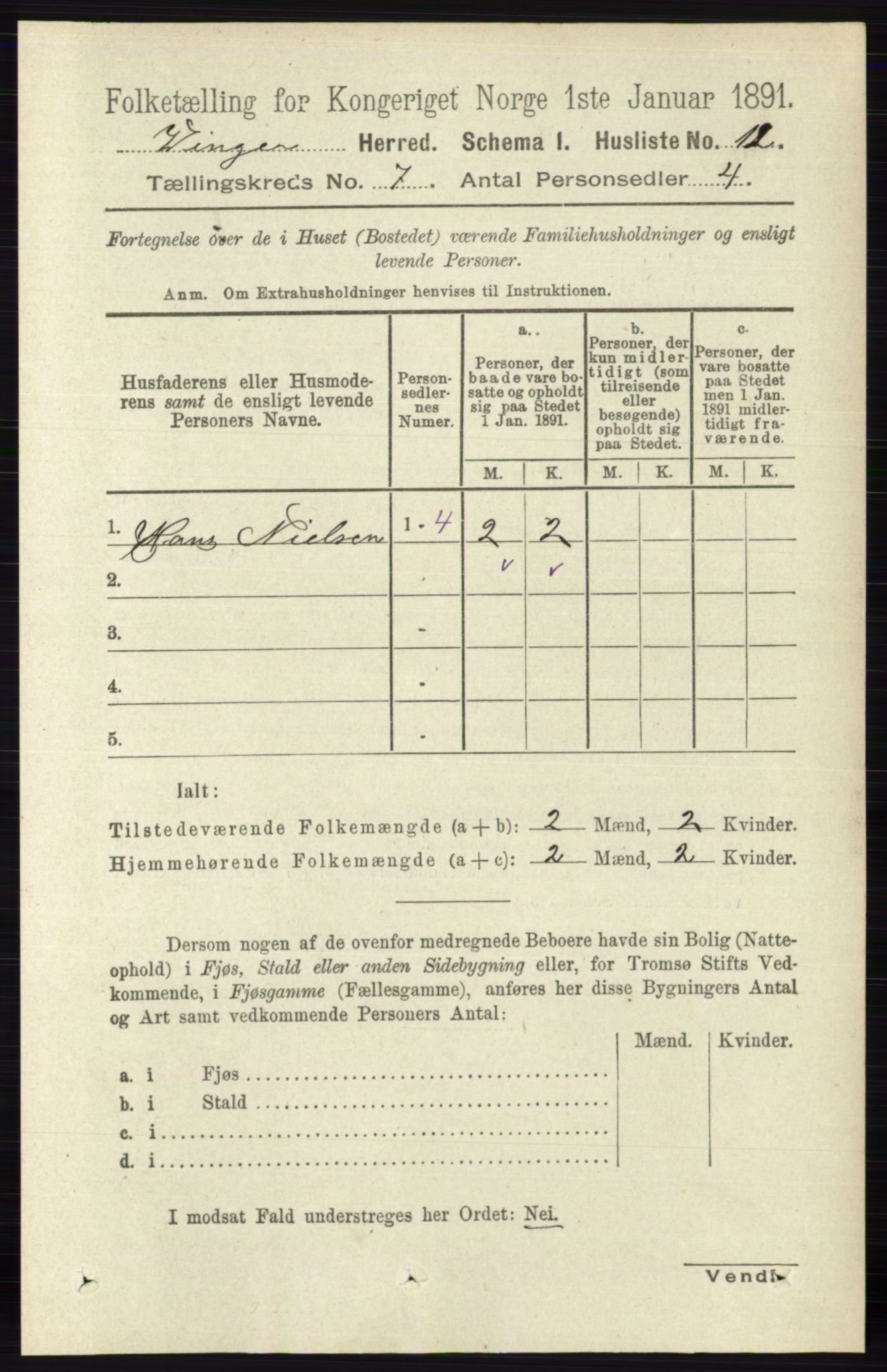 RA, 1891 census for 0421 Vinger, 1891, p. 3186