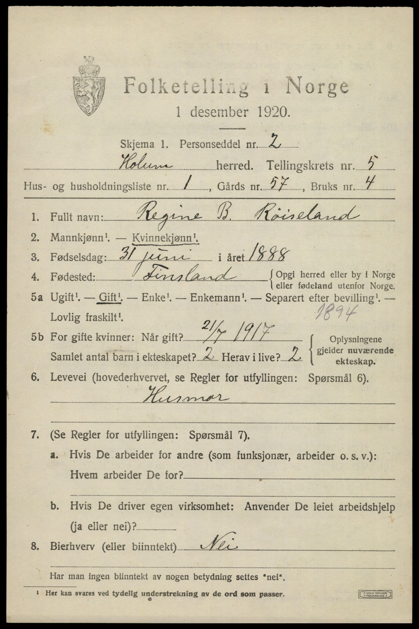 SAK, 1920 census for Holum, 1920, p. 2131