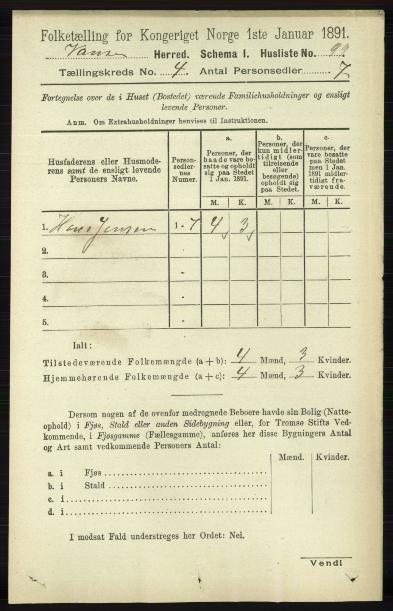 RA, 1891 census for 1041 Vanse, 1891, p. 2138