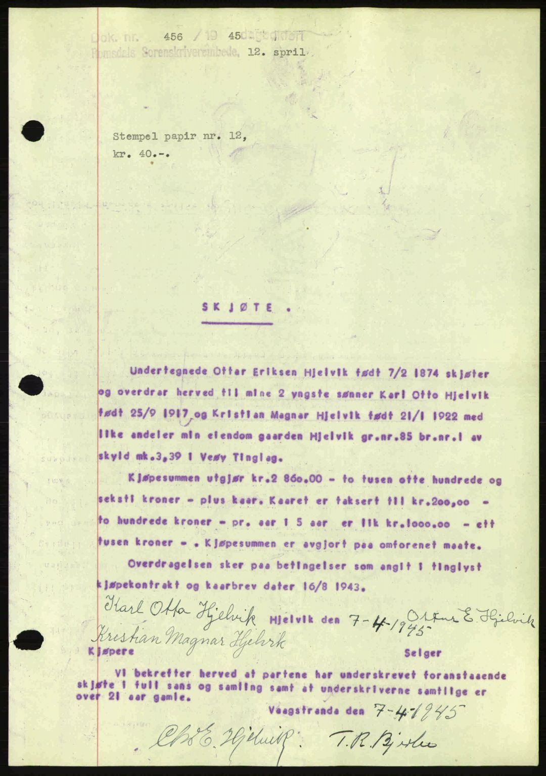 Romsdal sorenskriveri, AV/SAT-A-4149/1/2/2C: Mortgage book no. A17, 1944-1945, Diary no: : 456/1945