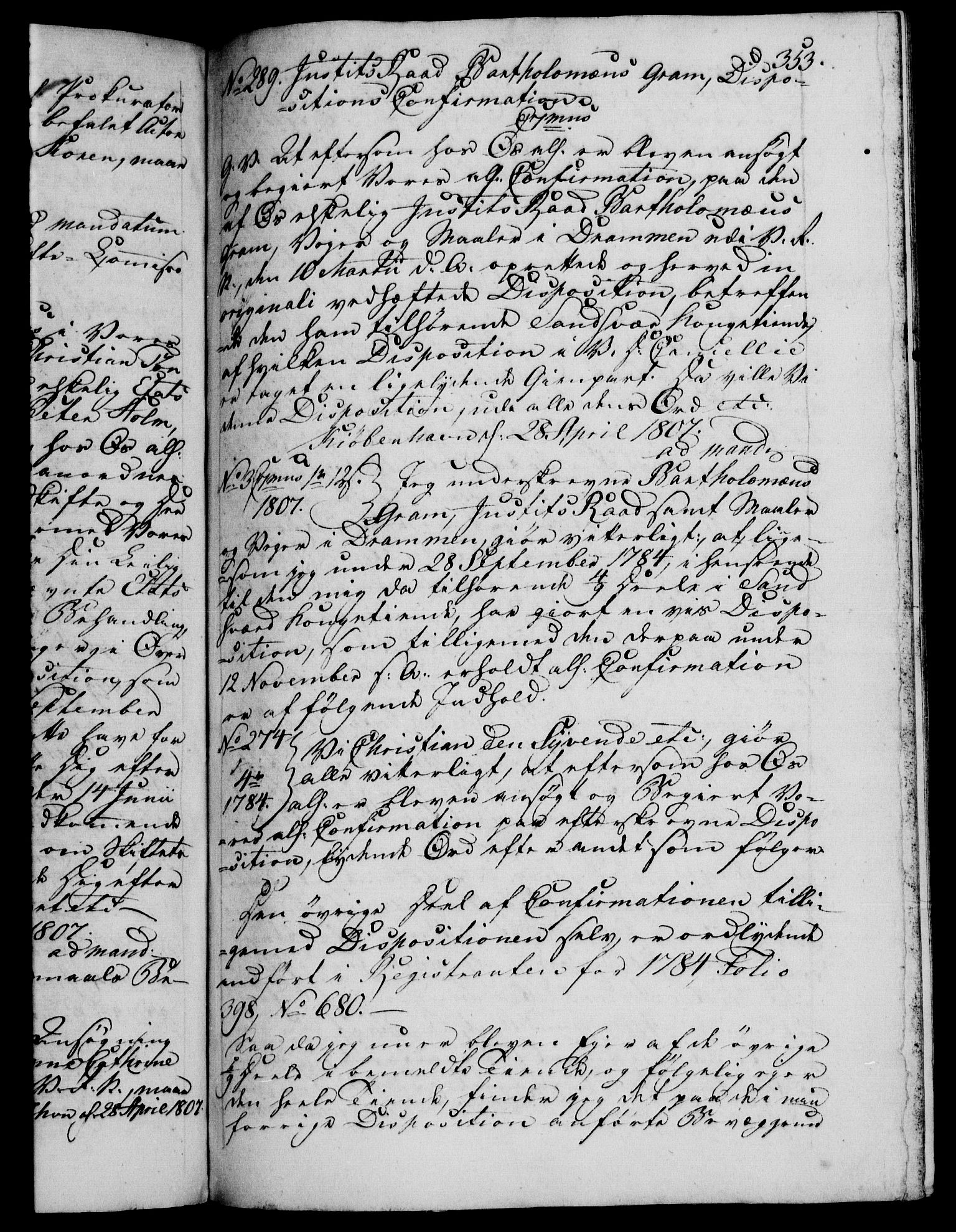 Danske Kanselli 1800-1814, RA/EA-3024/H/Hf/Hfb/Hfba/L0003: Registranter, 1805-1807, p. 353a