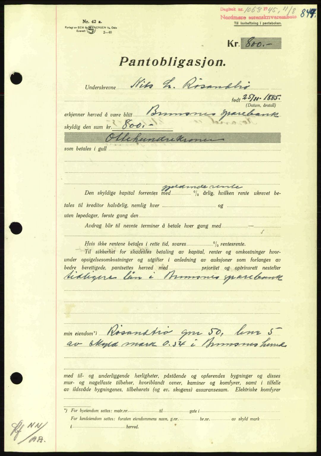 Nordmøre sorenskriveri, AV/SAT-A-4132/1/2/2Ca: Mortgage book no. B92, 1944-1945, Diary no: : 1053/1945