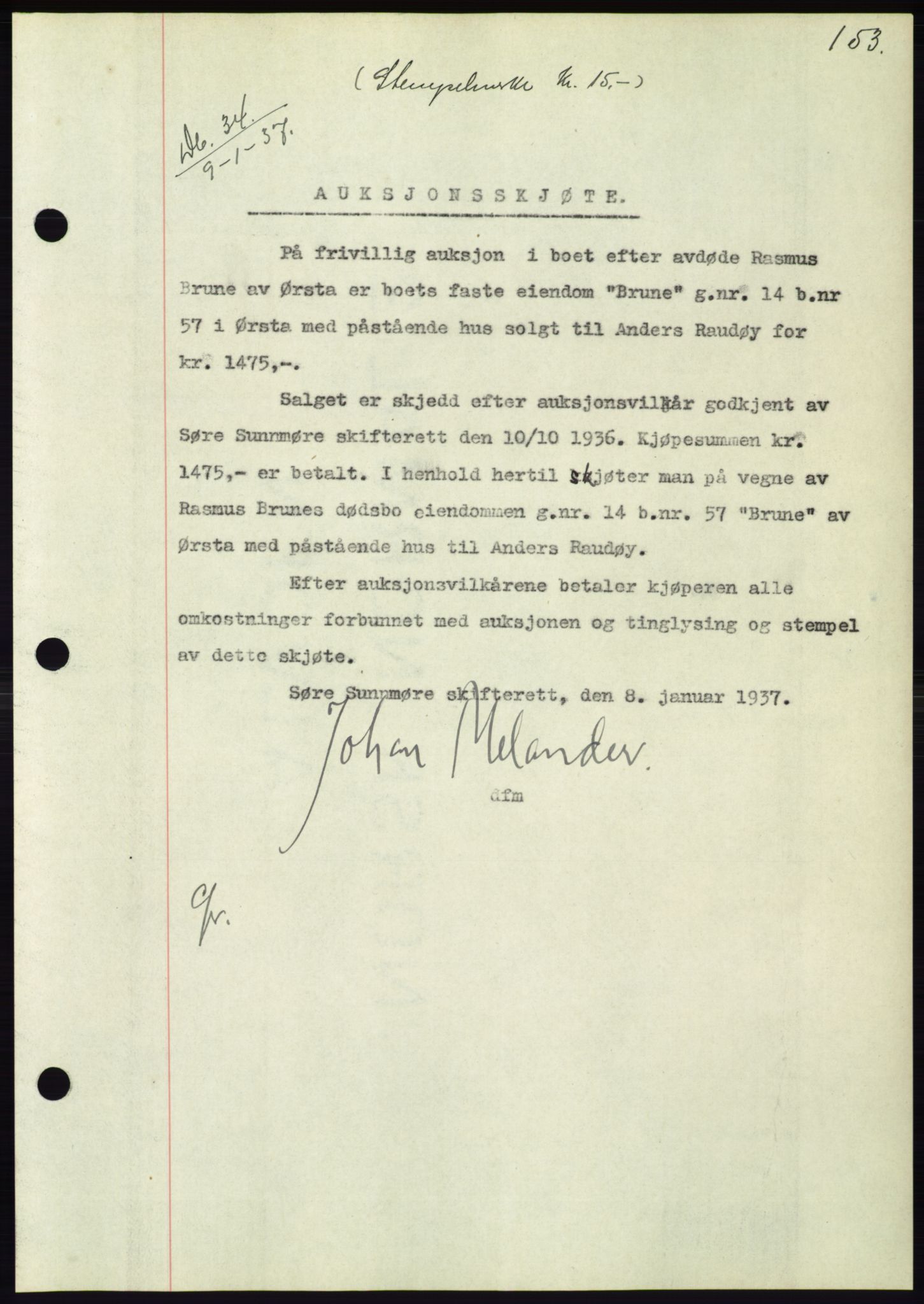 Søre Sunnmøre sorenskriveri, AV/SAT-A-4122/1/2/2C/L0062: Mortgage book no. 56, 1936-1937, Diary no: : 34/1937