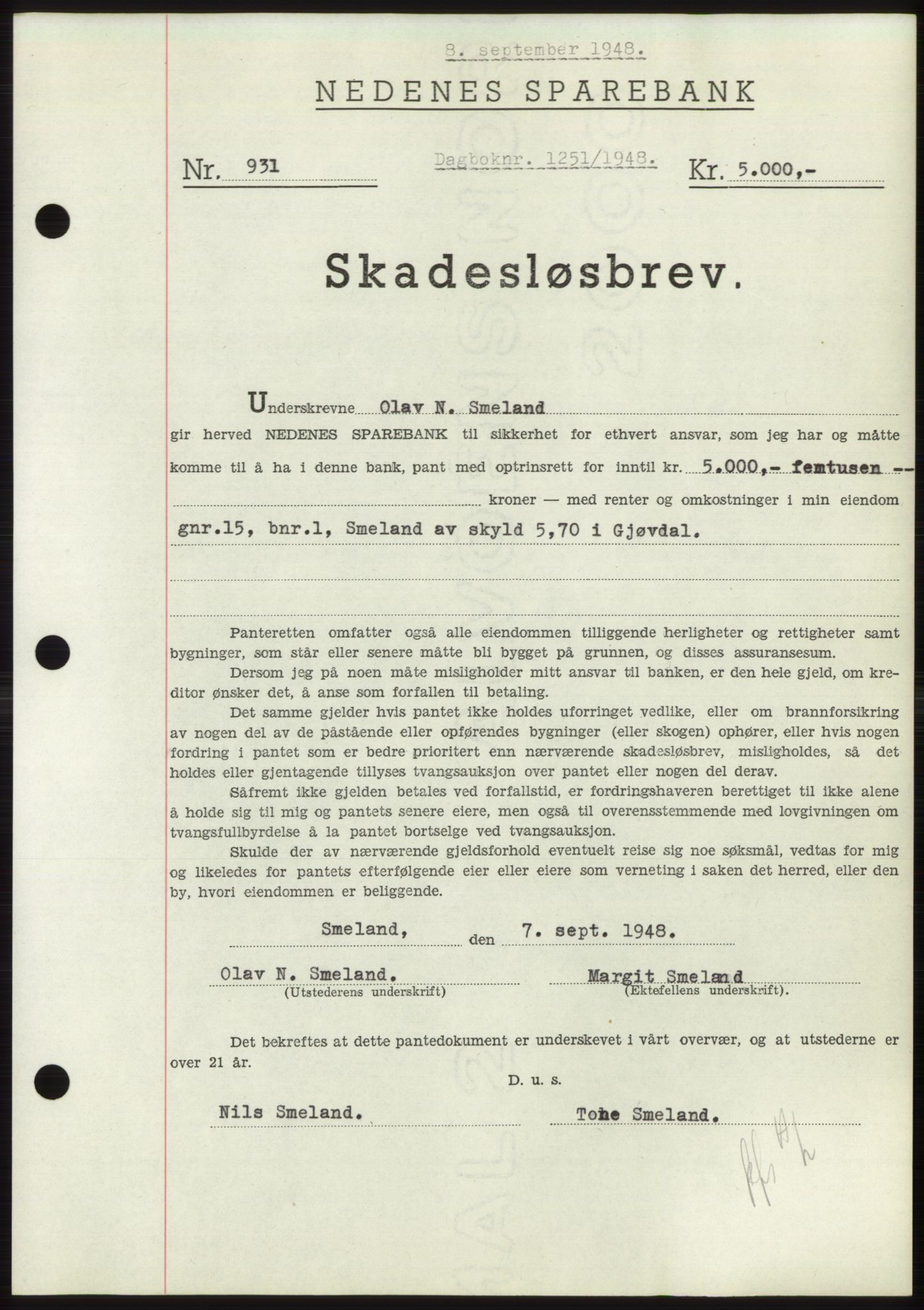 Nedenes sorenskriveri, AV/SAK-1221-0006/G/Gb/Gbb/L0005: Mortgage book no. B5, 1948-1948, Diary no: : 1251/1948