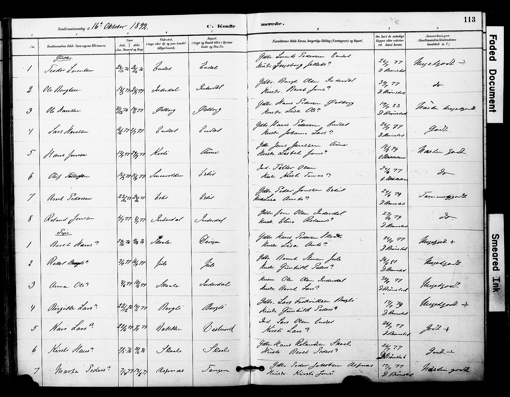 Ministerialprotokoller, klokkerbøker og fødselsregistre - Nord-Trøndelag, AV/SAT-A-1458/757/L0505: Parish register (official) no. 757A01, 1882-1904, p. 113