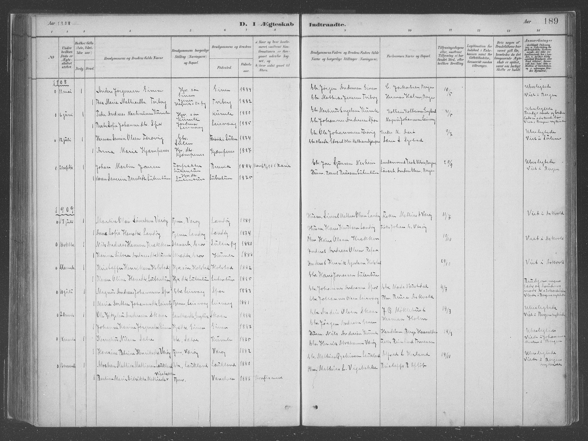 Askvoll sokneprestembete, SAB/A-79501/H/Haa/Haac/L0001: Parish register (official) no. C  1, 1879-1922, p. 189