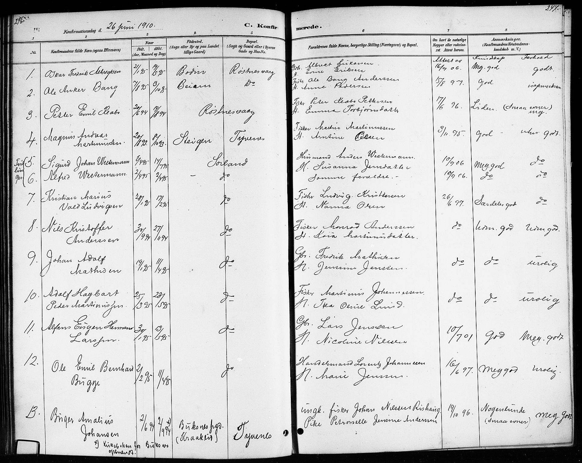 Ministerialprotokoller, klokkerbøker og fødselsregistre - Nordland, AV/SAT-A-1459/807/L0123: Parish register (copy) no. 807C01, 1884-1910, p. 246-247