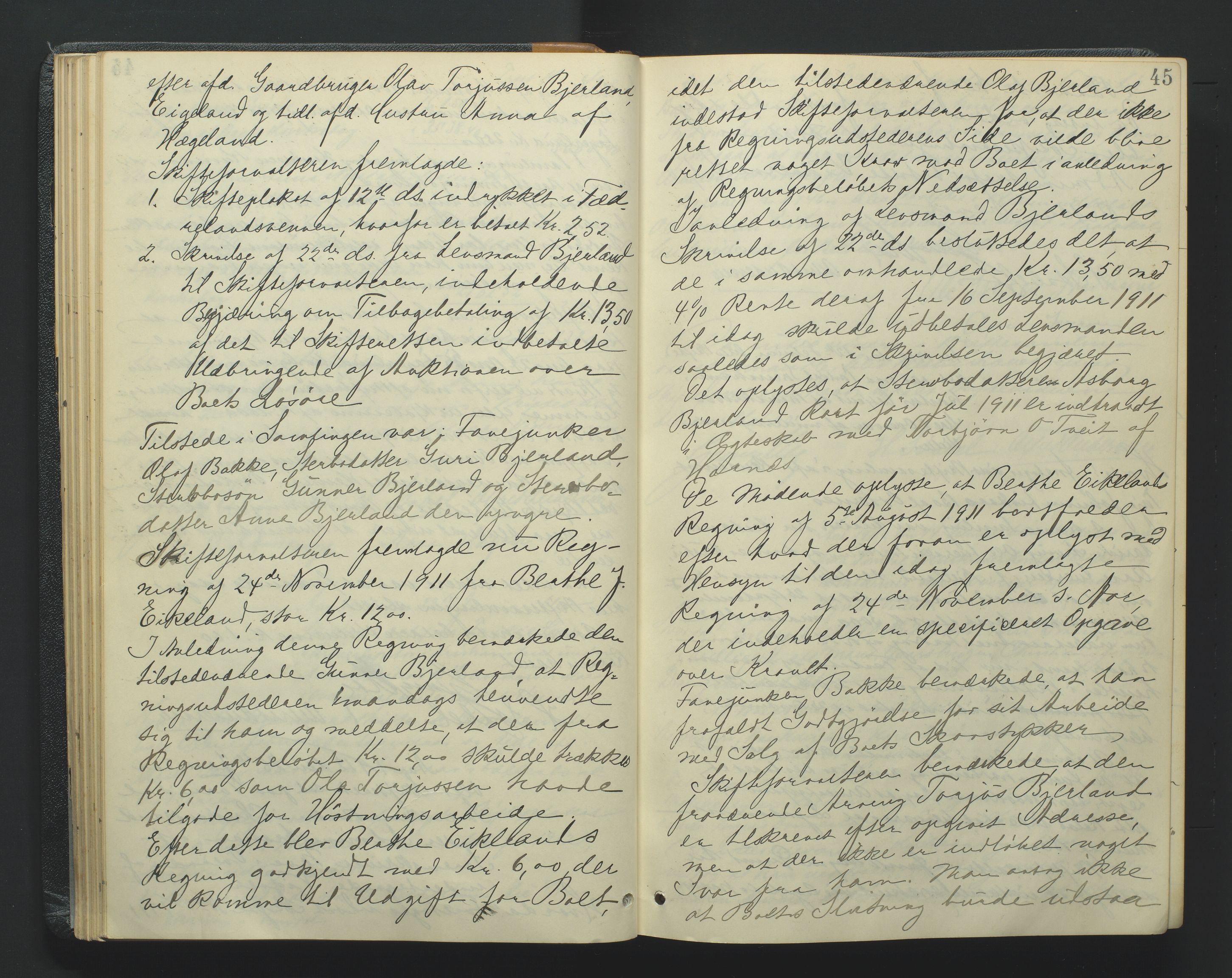 Torridal sorenskriveri, AV/SAK-1221-0012/H/Hc/L0022: Skifteforhandlingsprotokoll med navneregister nr. 8, 1911-1915, p. 45